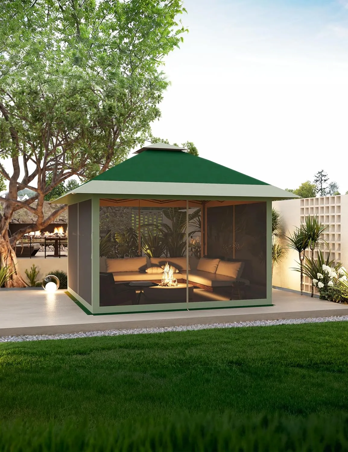 12' x 12' Outdoor Gazebo, Heavy Duty Double Roof Patio Gazebo with Netting and Curtains, Outdoor Patio Canopy for Deck Backyard Garden Lawns, Dark Green & Gray