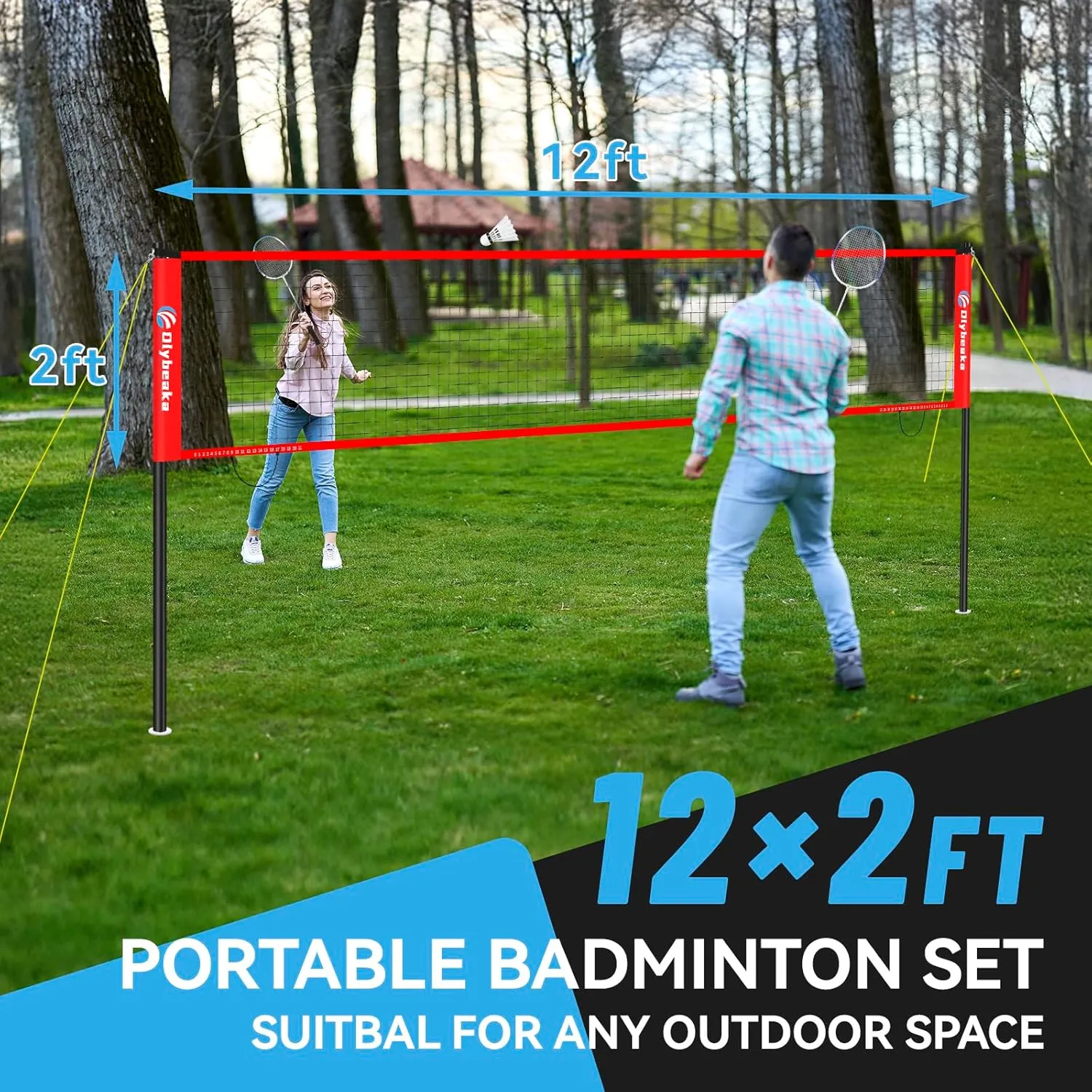12ft Half Court Badminton Net Set for Backyard with Anti-Sagging Net, Heavy Duty Poles, 2 Aluminum Badminton Rackets, 3 Shuttlecocks, Carry Bag - Easy Setup & Durable