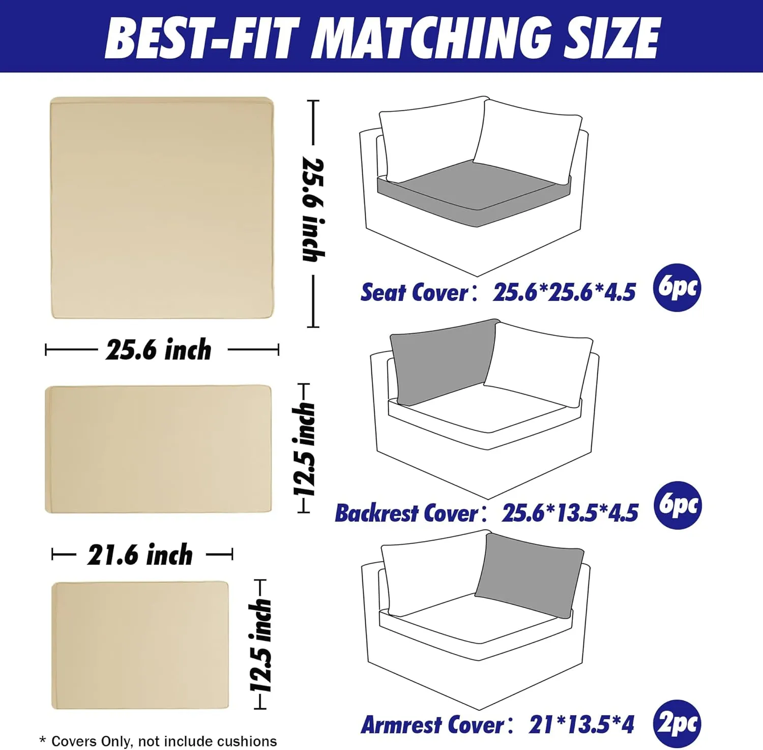 14 Pack Patio Cushion Covers Set Outdoor Cushion and Pillow Replacement for 7 Pieces 6 Seater Funiture Conversation Set Sectional Waterproof Patio Cushion Slipcovers Set Biege COVERS ONLY