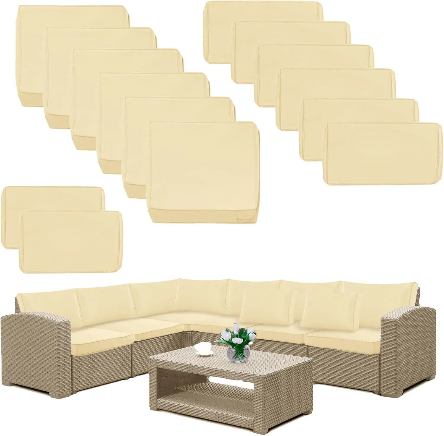 14 Pack Patio Cushion Covers Set Outdoor Cushion and Pillow Replacement for 7 Pieces 6 Seater Funiture Conversation Set Sectional Waterproof Patio Cushion Slipcovers Set Biege COVERS ONLY