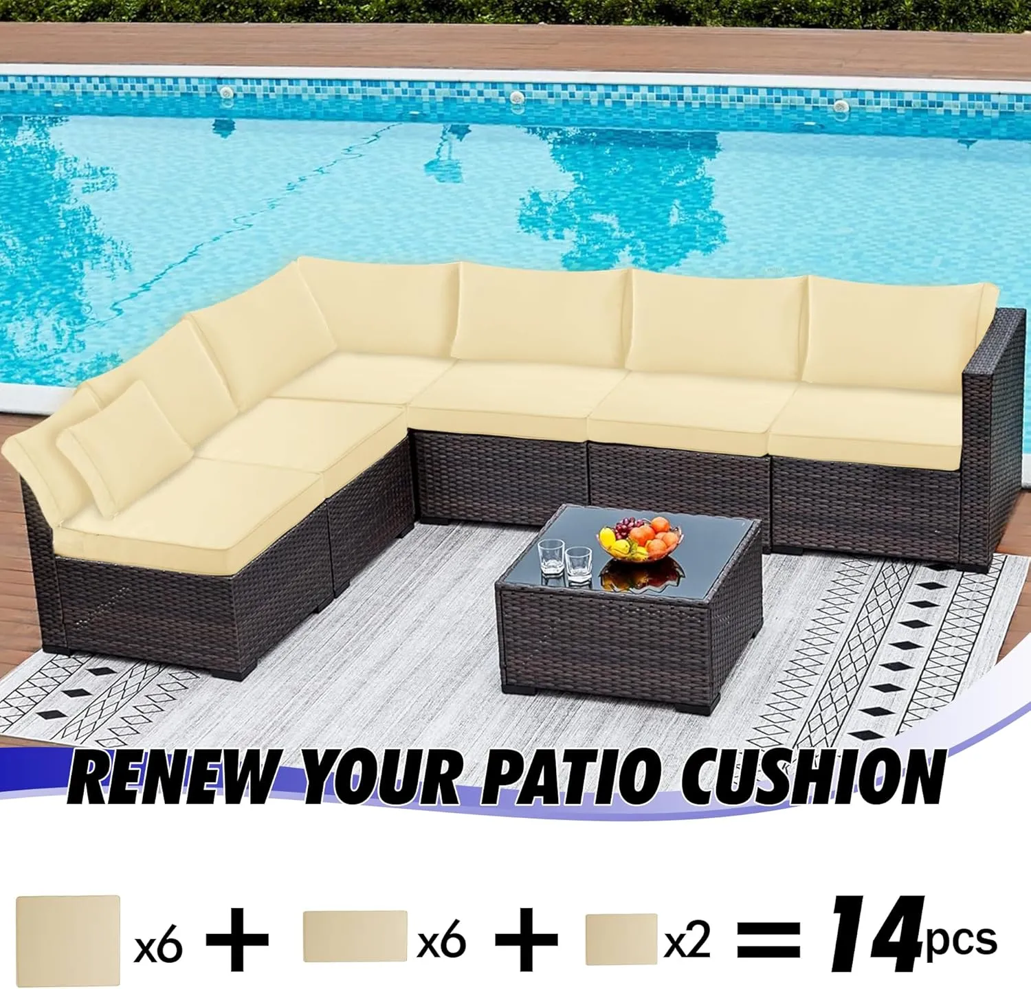 14 Pack Patio Cushion Covers Set Outdoor Cushion and Pillow Replacement for 7 Pieces 6 Seater Funiture Conversation Set Sectional Waterproof Patio Cushion Slipcovers Set Biege COVERS ONLY