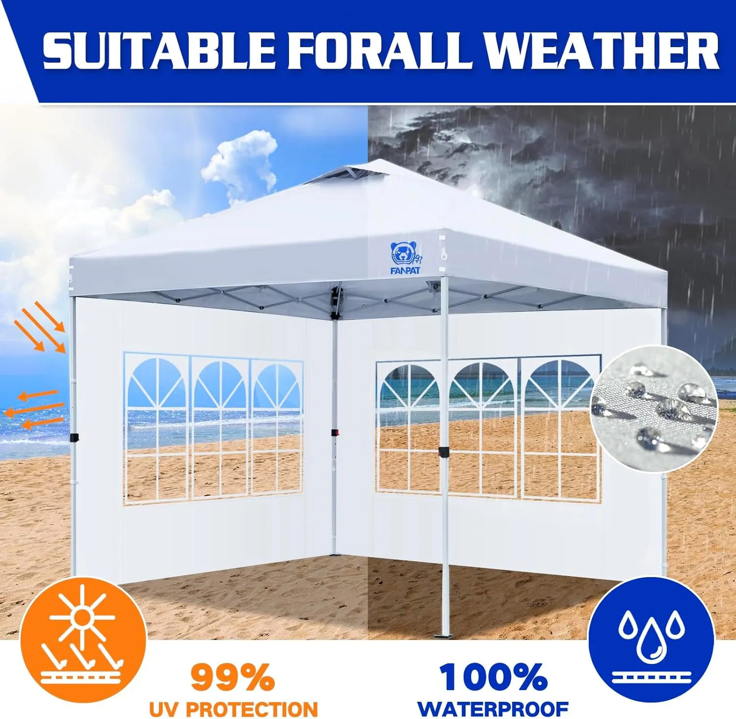 2Pcs Instant Canopy Tent Sidewalls for 10x10 Pop-Up Canopy, Garden Gazebo, 210D Oxford Fabric Waterproof, White (Canopy Tent NOT Included)