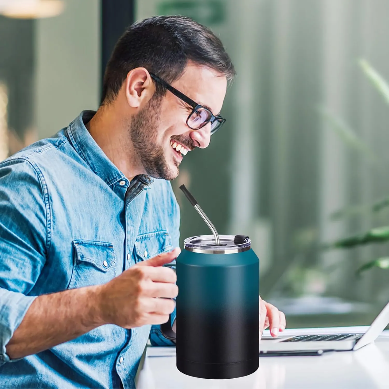 32/50oz Mug Tumbler with Handle and Straw - 32 oz Stainless Steel Wide Mouth Travel Coffee Cups w/ Lid, Reusable Home Office Work Mugs, Double Wall Vacuum Insulated Bottle Keep Cold 36 Hrs Hot 24 Hrs