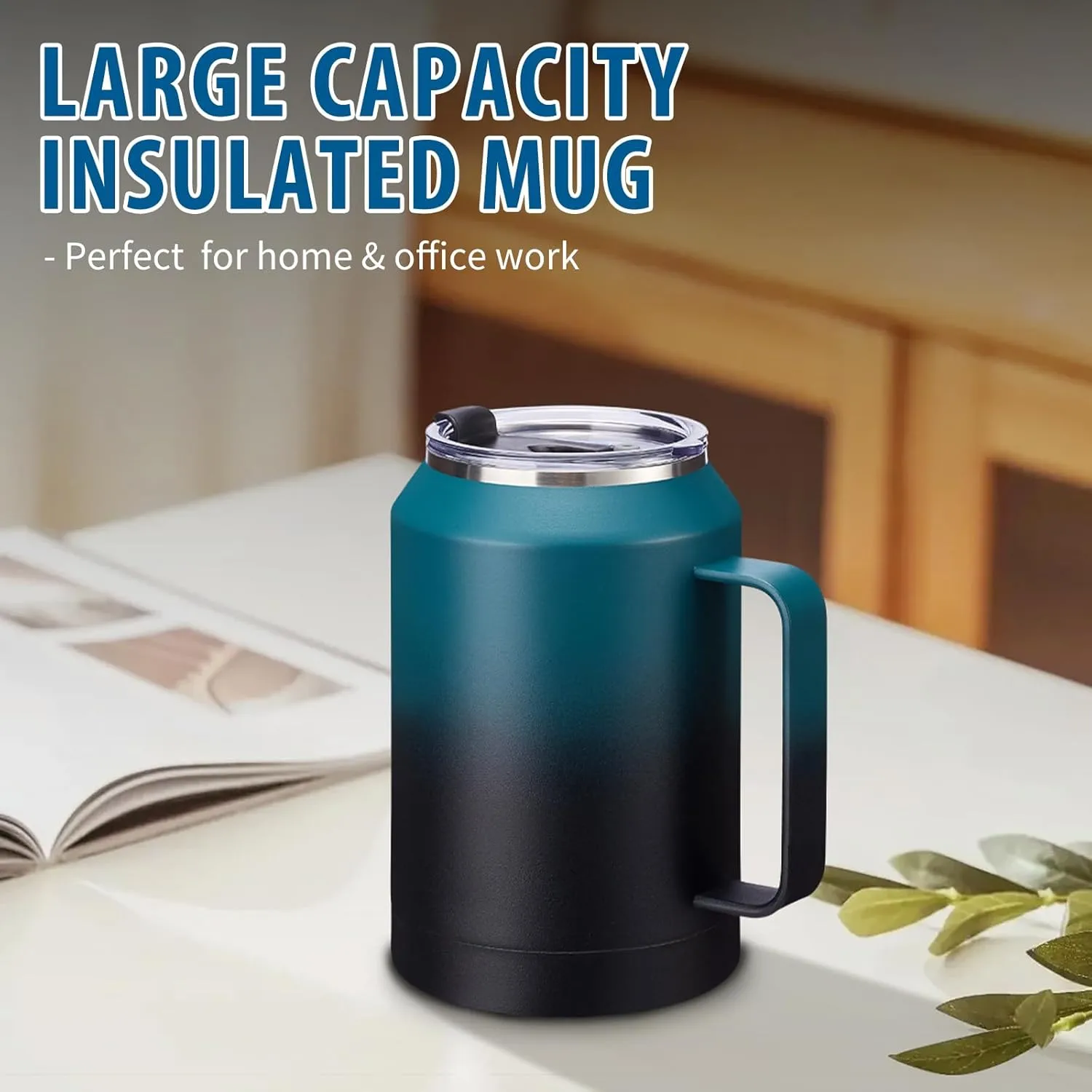 32/50oz Mug Tumbler with Handle and Straw - 32 oz Stainless Steel Wide Mouth Travel Coffee Cups w/ Lid, Reusable Home Office Work Mugs, Double Wall Vacuum Insulated Bottle Keep Cold 36 Hrs Hot 24 Hrs