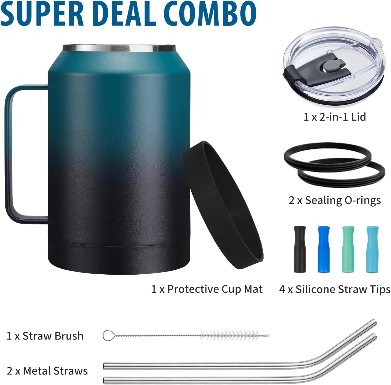 32/50oz Mug Tumbler with Handle and Straw - 32 oz Stainless Steel Wide Mouth Travel Coffee Cups w/ Lid, Reusable Home Office Work Mugs, Double Wall Vacuum Insulated Bottle Keep Cold 36 Hrs Hot 24 Hrs