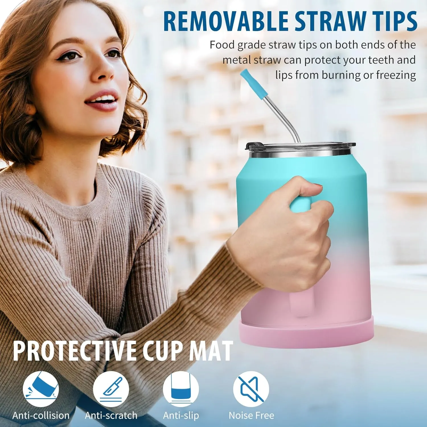 32oz Coffee Tumbler with Handle and Straw - Drink Lid & Protective Cup Mat, Stainless Steel Double Wall Insulated Tumblers, 32 oz Water Bottle Keep Cold 36 Hot 24 H, Home Office Work Extra Large Mug