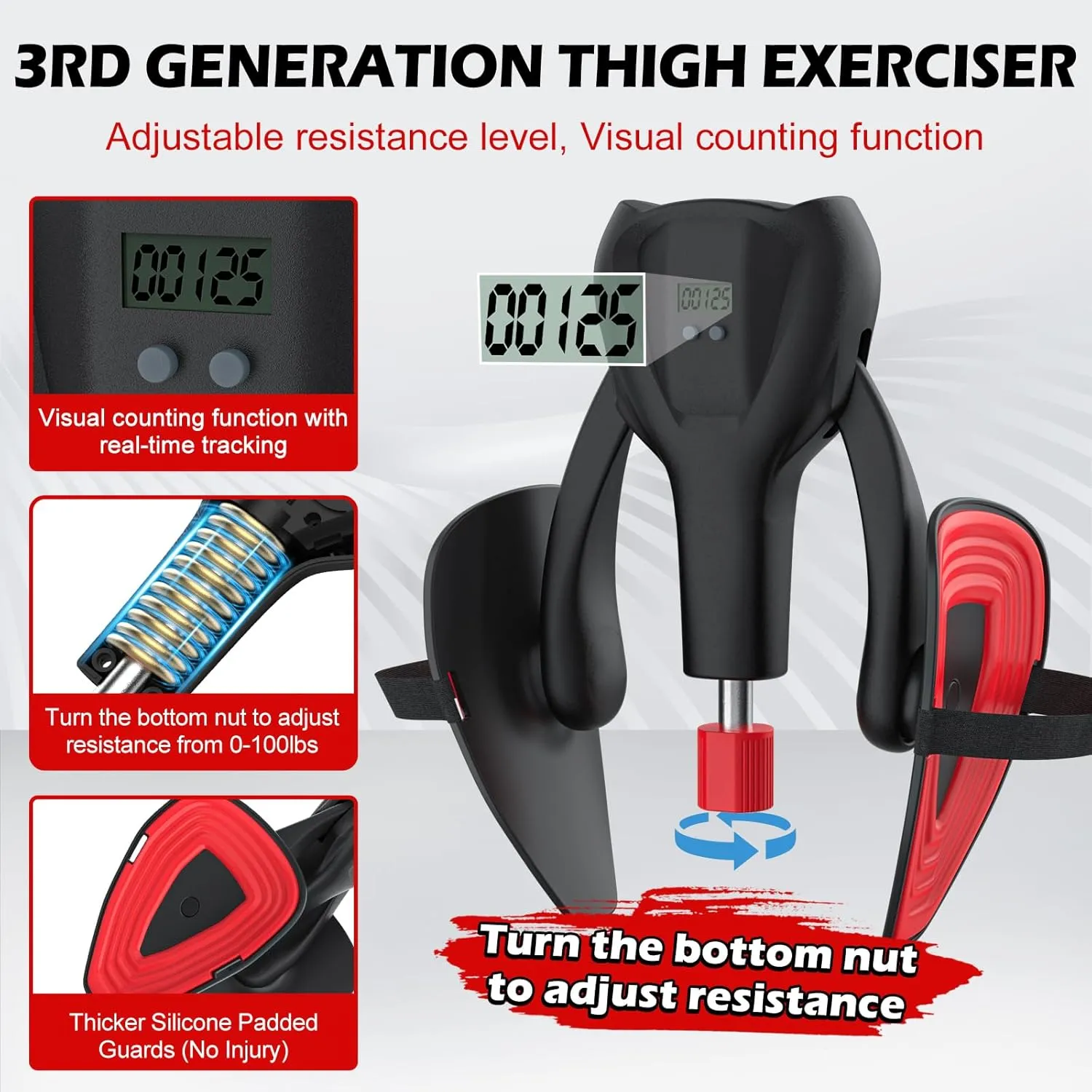 3rd Gen Thigh-Master 0-100 lbs Adjustable Resistance Inner Thigh Exerciser Trainer Counter with Leg Straps Band Pelvic Floor Kegel Hip Exercise Workout Equipment Pilates Women Men