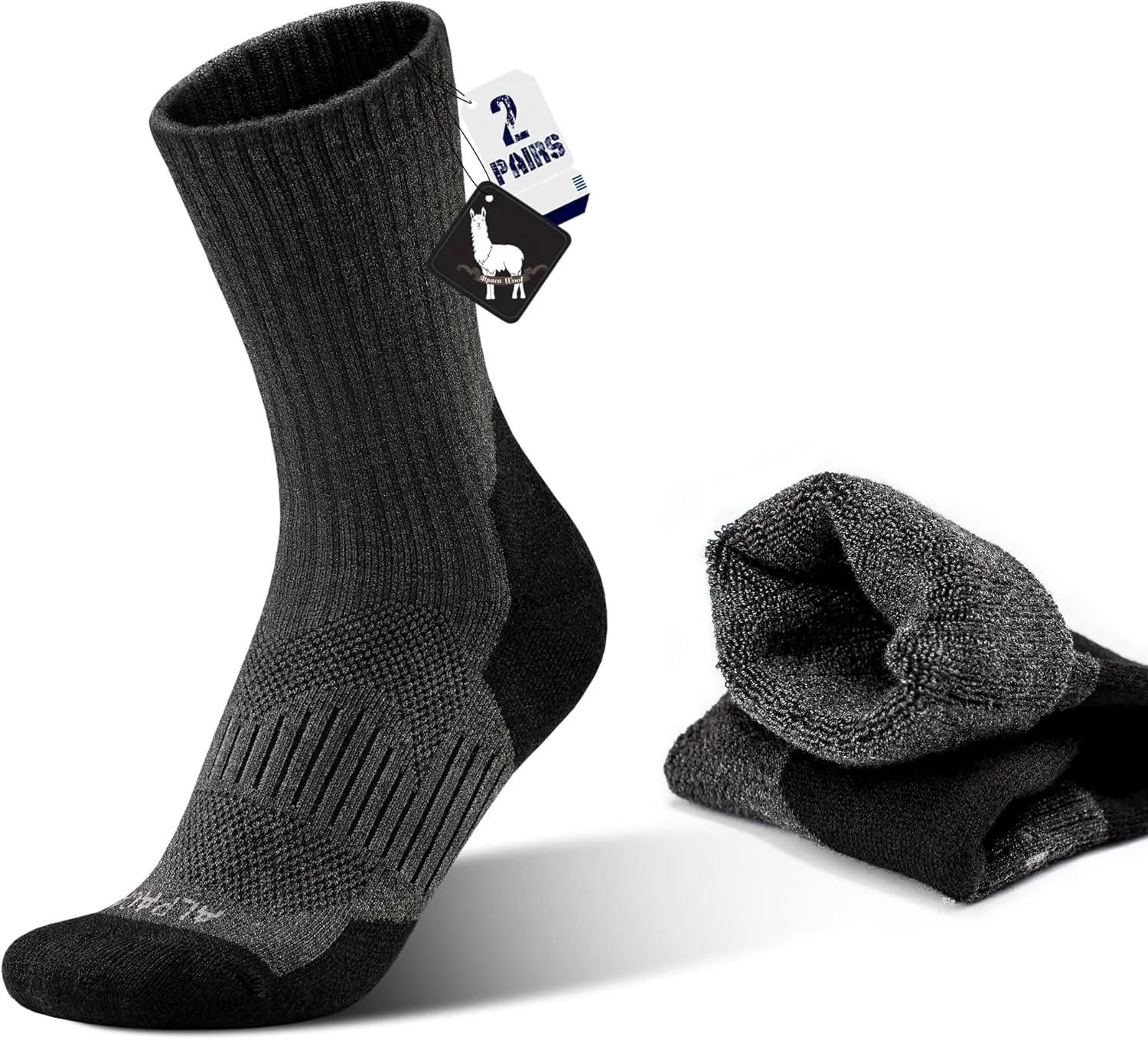 Alpaca Wool Hunting Socks 2 pairs for Men and Women,Thermal Warm Compression Padded Thick Winter Hiking Boot Socks