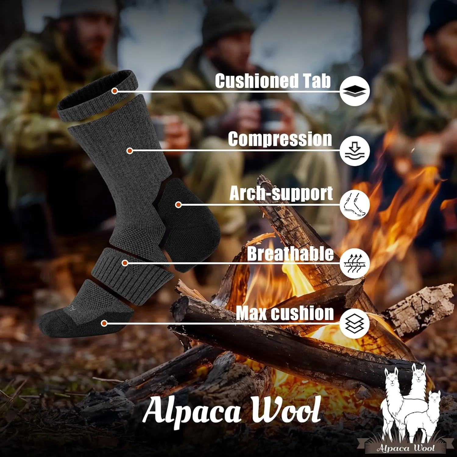 Alpaca Wool Hunting Socks 2 pairs for Men and Women,Thermal Warm Compression Padded Thick Winter Hiking Boot Socks