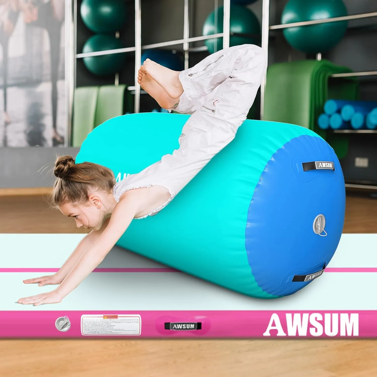 AWSUM Air Roller Gymnastics Barrel Inflatable Tumbling Mat Back Handspring Trainer for Octagon Mat Gym Home Gymnastics Equipment，No Electric Pump