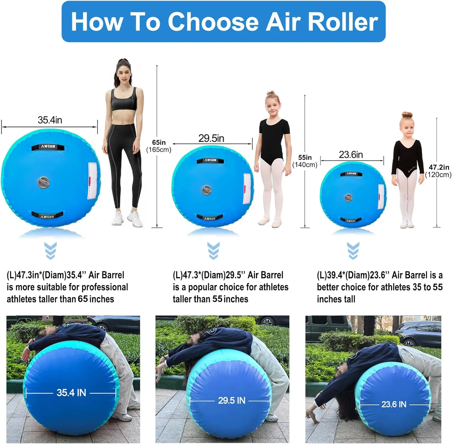 AWSUM Air Roller Gymnastics Barrel Inflatable Tumbling Mat Back Handspring Trainer for Octagon Mat Gym Home Gymnastics Equipment，No Electric Pump