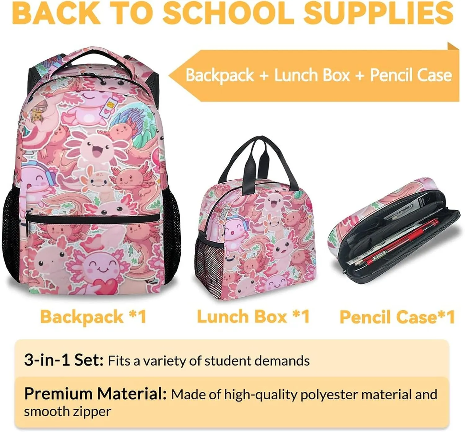 Axolotl Backpack with Lunch Box And Pencil Case, 16 Inch Axolotl Theme Bookbag with Adjustable Straps, Durable, Lightweight, Large Capacity, School Backpack for Girls Women