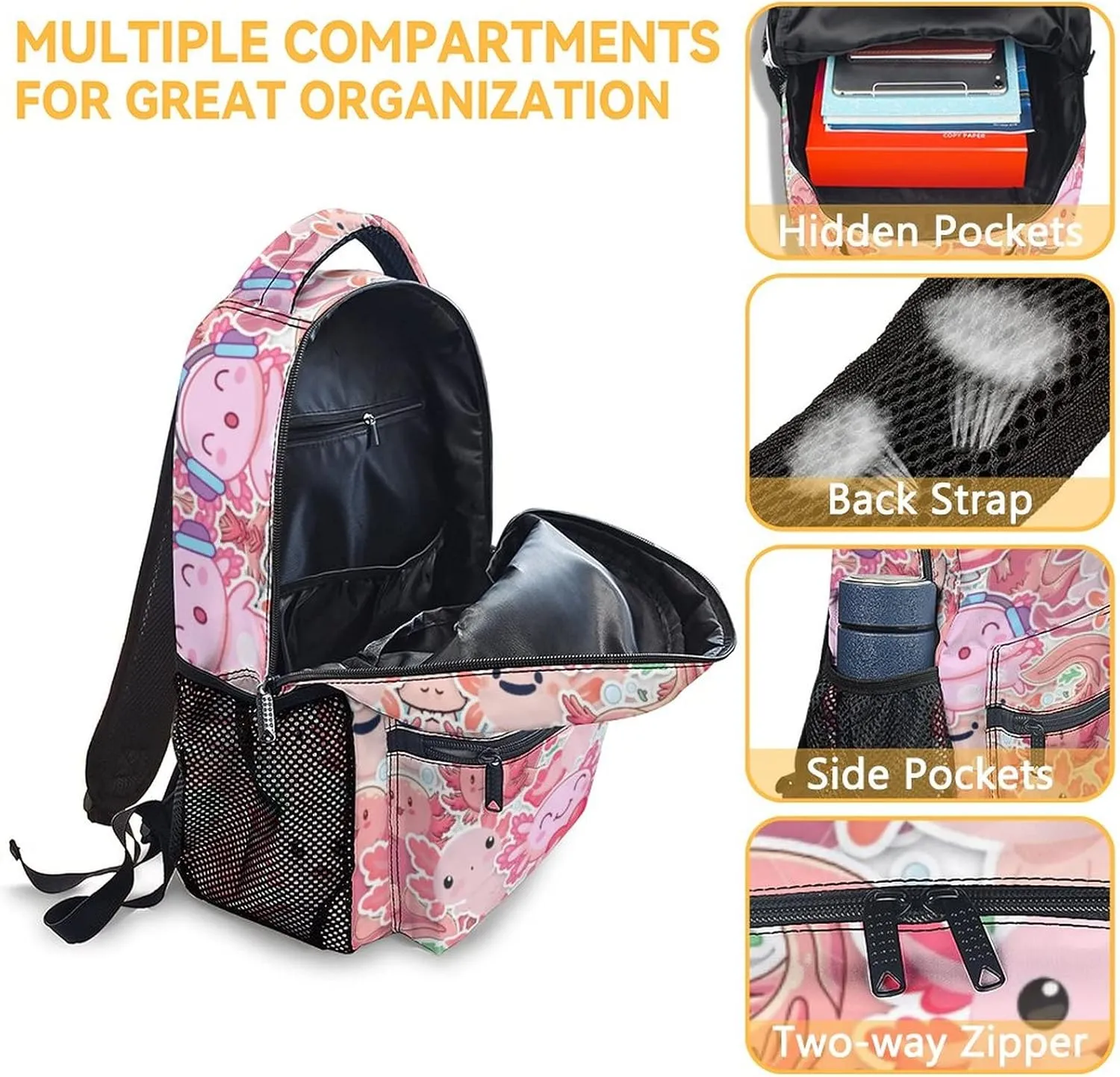 Axolotl Backpack with Lunch Box And Pencil Case, 16 Inch Axolotl Theme Bookbag with Adjustable Straps, Durable, Lightweight, Large Capacity, School Backpack for Girls Women