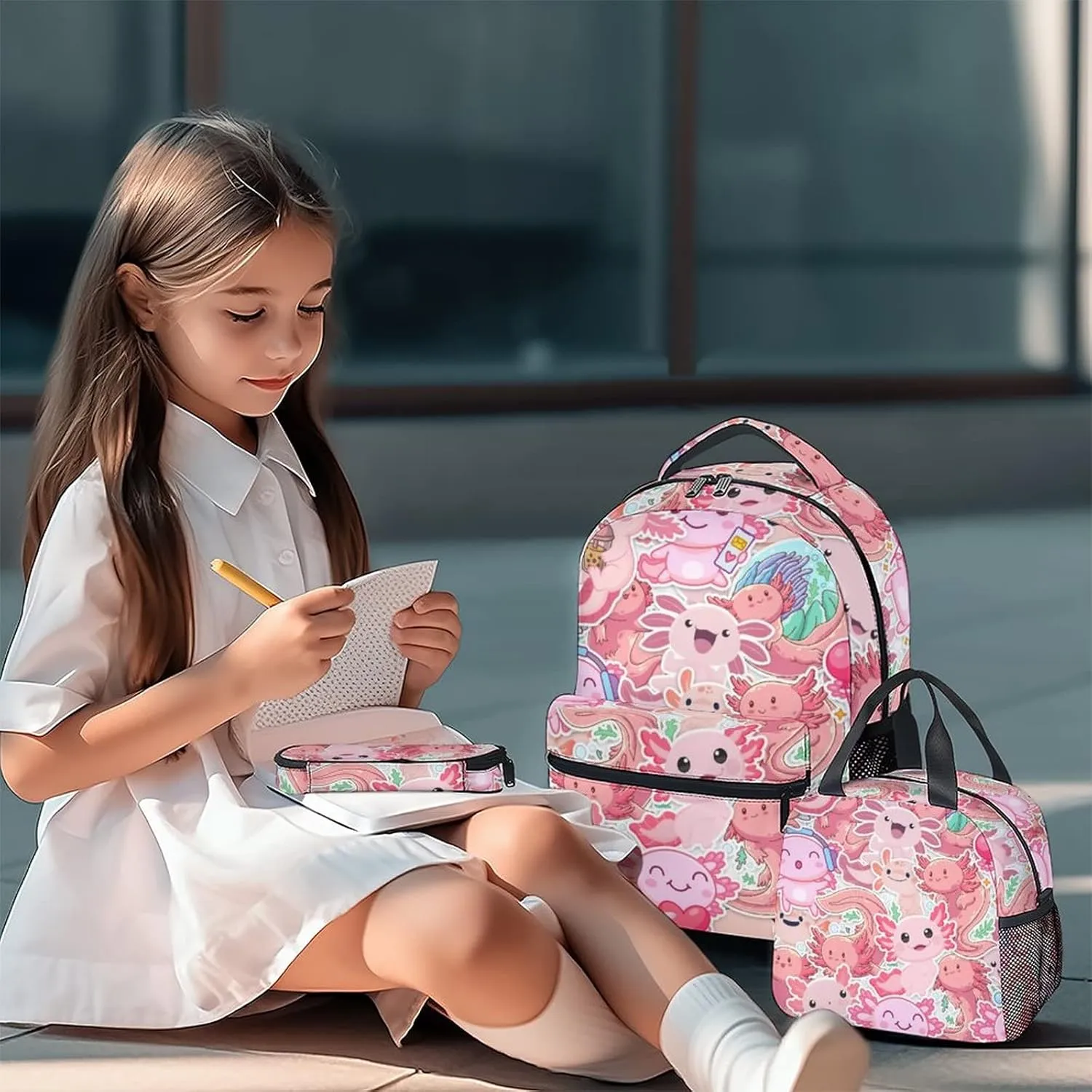 Axolotl Backpack with Lunch Box And Pencil Case, 16 Inch Axolotl Theme Bookbag with Adjustable Straps, Durable, Lightweight, Large Capacity, School Backpack for Girls Women