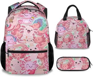 Axolotl Backpack with Lunch Box And Pencil Case, 16 Inch Axolotl Theme Bookbag with Adjustable Straps, Durable, Lightweight, Large Capacity, School Backpack for Girls Women