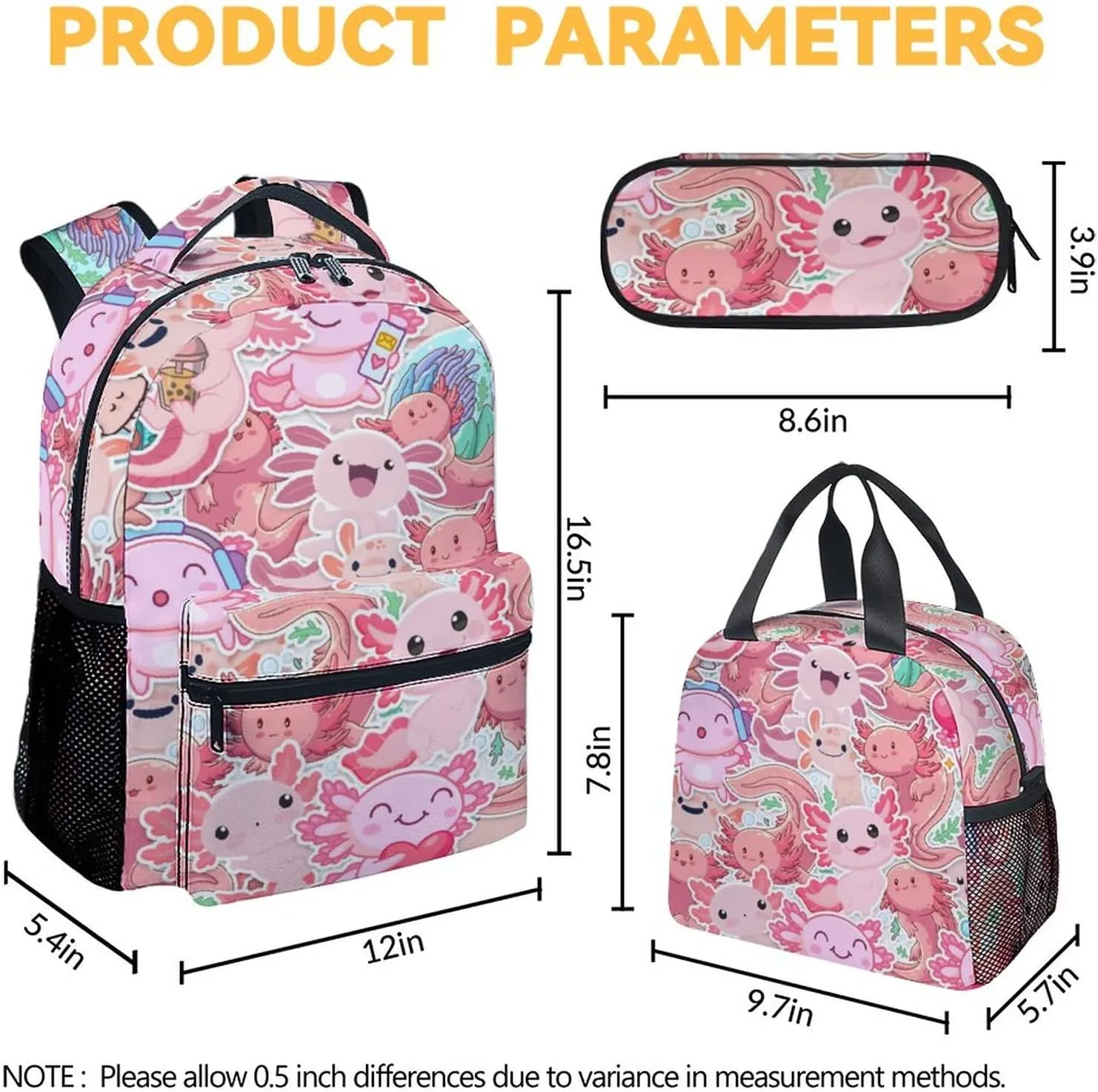 Axolotl Backpack with Lunch Box And Pencil Case, 16 Inch Axolotl Theme Bookbag with Adjustable Straps, Durable, Lightweight, Large Capacity, School Backpack for Girls Women
