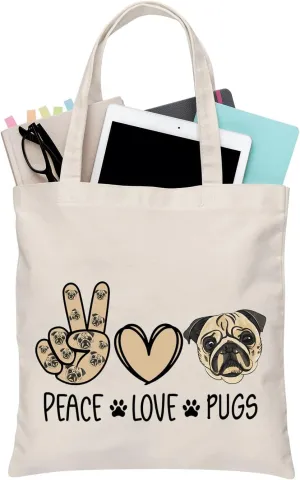 BDPWSS Pug Tote Bag For Pug Dog Lover Gift Pug Mom Gift Crazy Pug Lady Gift Pug Dog Owner Gift Peace Love Pugs Travel Pouch