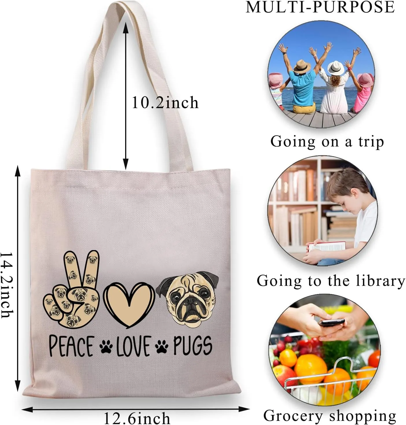 BDPWSS Pug Tote Bag For Pug Dog Lover Gift Pug Mom Gift Crazy Pug Lady Gift Pug Dog Owner Gift Peace Love Pugs Travel Pouch