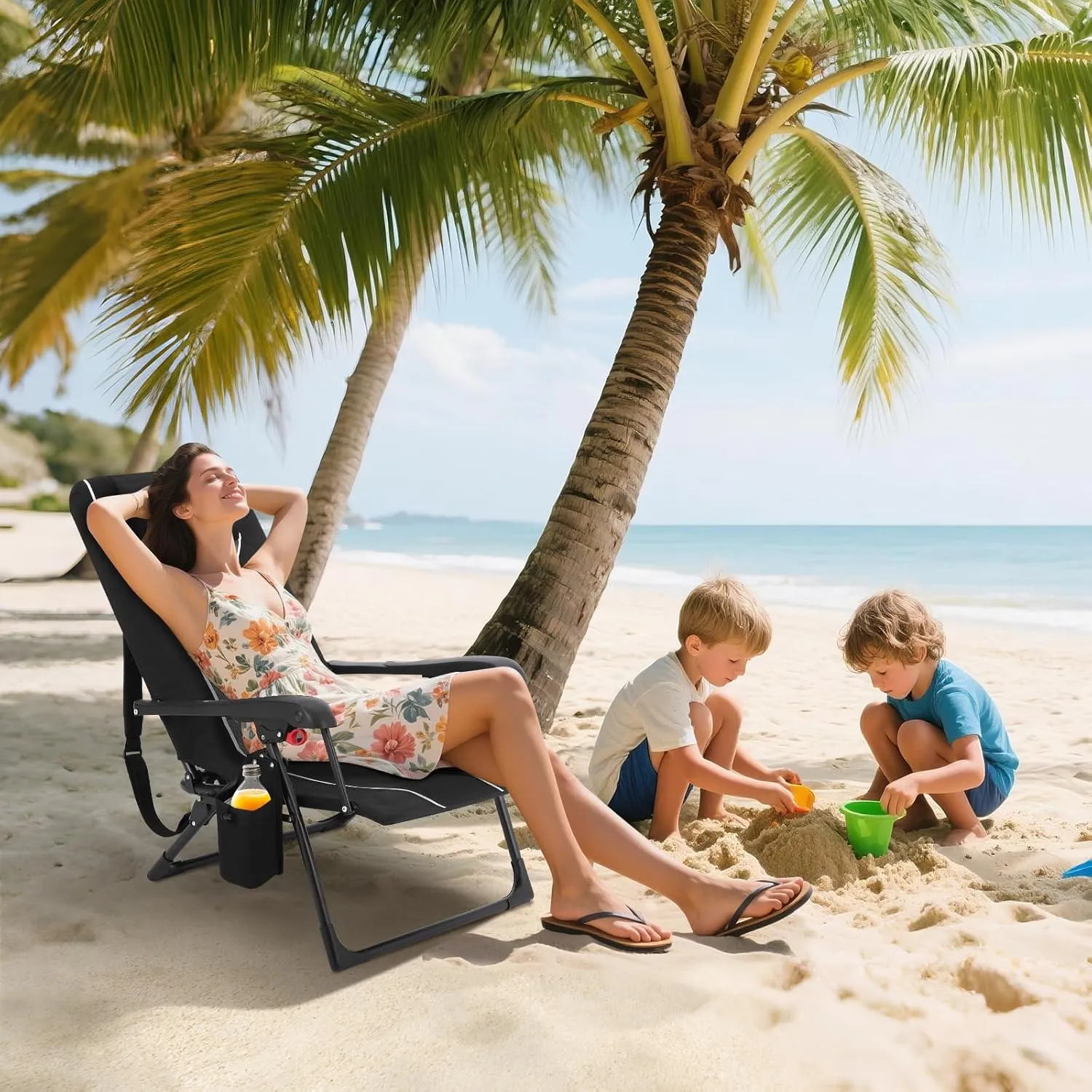 Beach Chair with Folding Design for Adults, Portable Outdoor Camping Recliner, High Back with Hard Armrest, Sun Lounger for Patio and Garden, 330lb Capacity