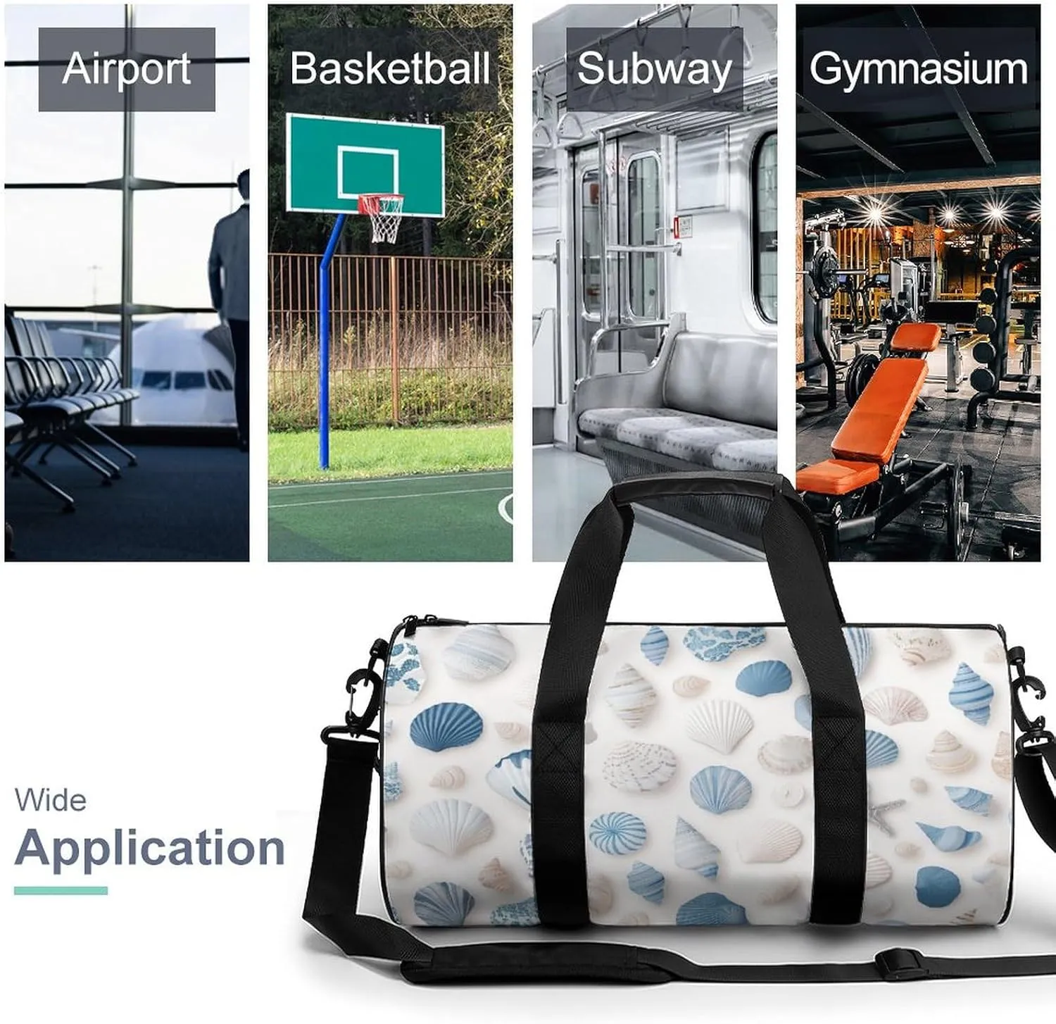 Blue Seashells Pattern Travel Gym Bag for Women Men Cylindrical Duffle Bag Sport Workout Bag with Shoulder Strap