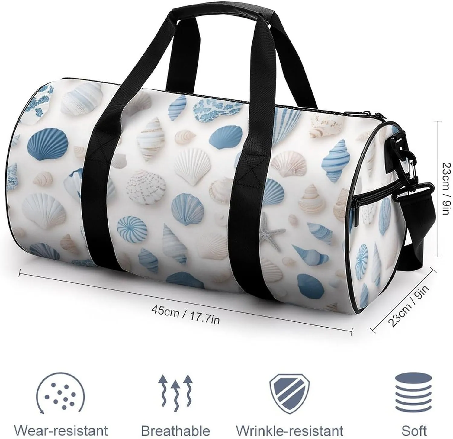 Blue Seashells Pattern Travel Gym Bag for Women Men Cylindrical Duffle Bag Sport Workout Bag with Shoulder Strap