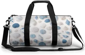 Blue Seashells Pattern Travel Gym Bag for Women Men Cylindrical Duffle Bag Sport Workout Bag with Shoulder Strap
