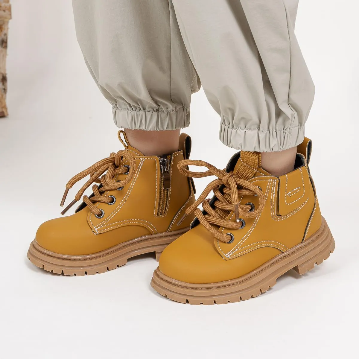 Boys Girls High Top Combat Ankle Boots Kids Waterproof PU Leather Fall Boots Winter Warm Snow Outdoor Hiking Shoes Toddler Non Slip Texture Soft Durable Walking Boot