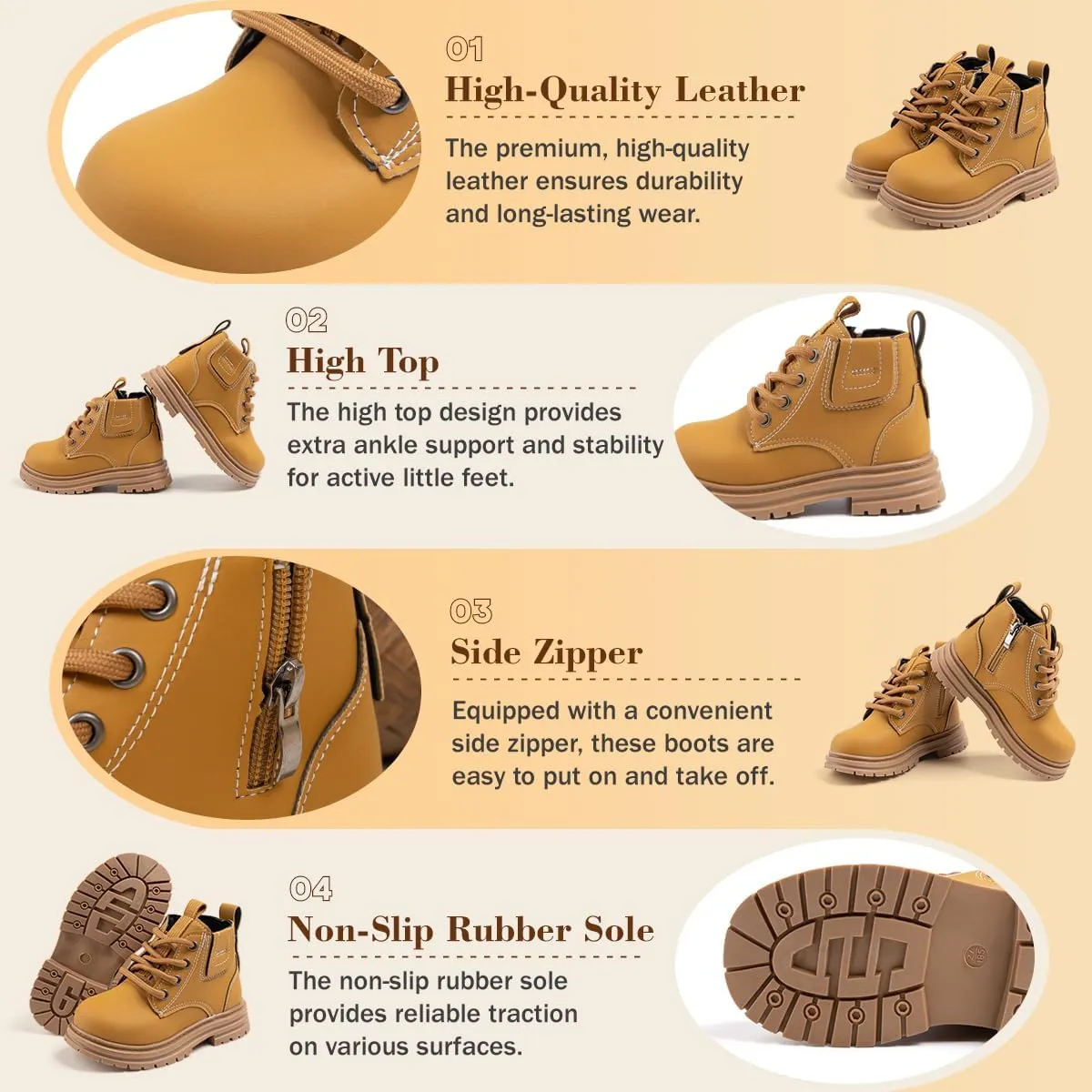 Boys Girls High Top Combat Ankle Boots Kids Waterproof PU Leather Fall Boots Winter Warm Snow Outdoor Hiking Shoes Toddler Non Slip Texture Soft Durable Walking Boot