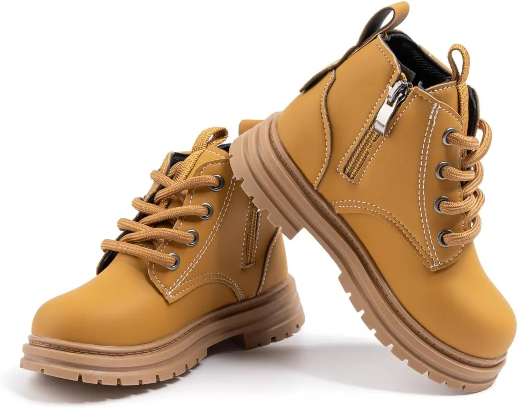 Boys Girls High Top Combat Ankle Boots Kids Waterproof PU Leather Fall Boots Winter Warm Snow Outdoor Hiking Shoes Toddler Non Slip Texture Soft Durable Walking Boot