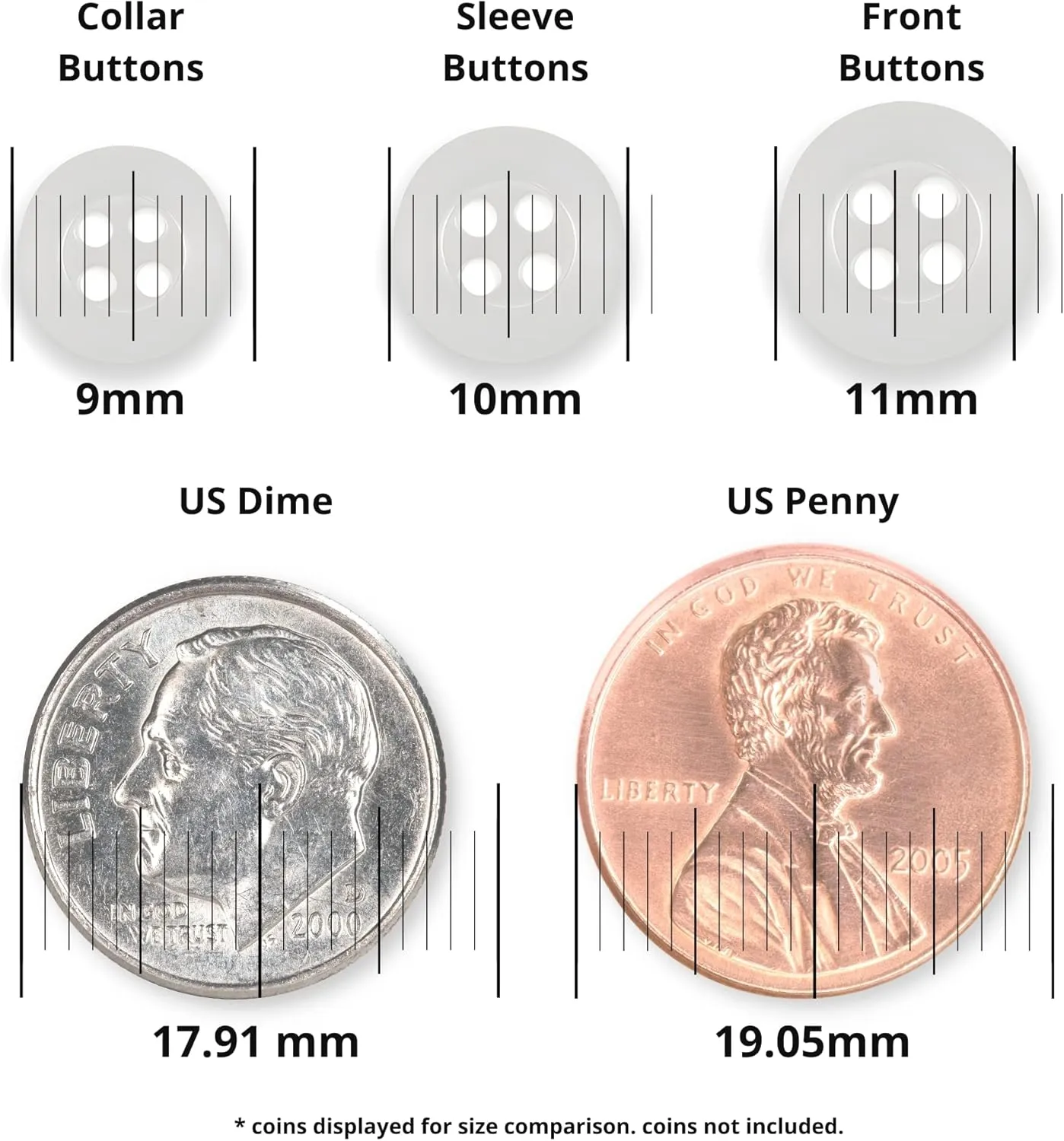 ButtonMode Standard Shirt Buttons 22pc Set Includes 8 Shirt Front Buttons (11mm or 7/16 in), 7 Sleeve Buttons (10mm or 3/8 in) & 7 Collar Buttons (9mm or Almost 3/8 in), Clear White, 22-Buttons