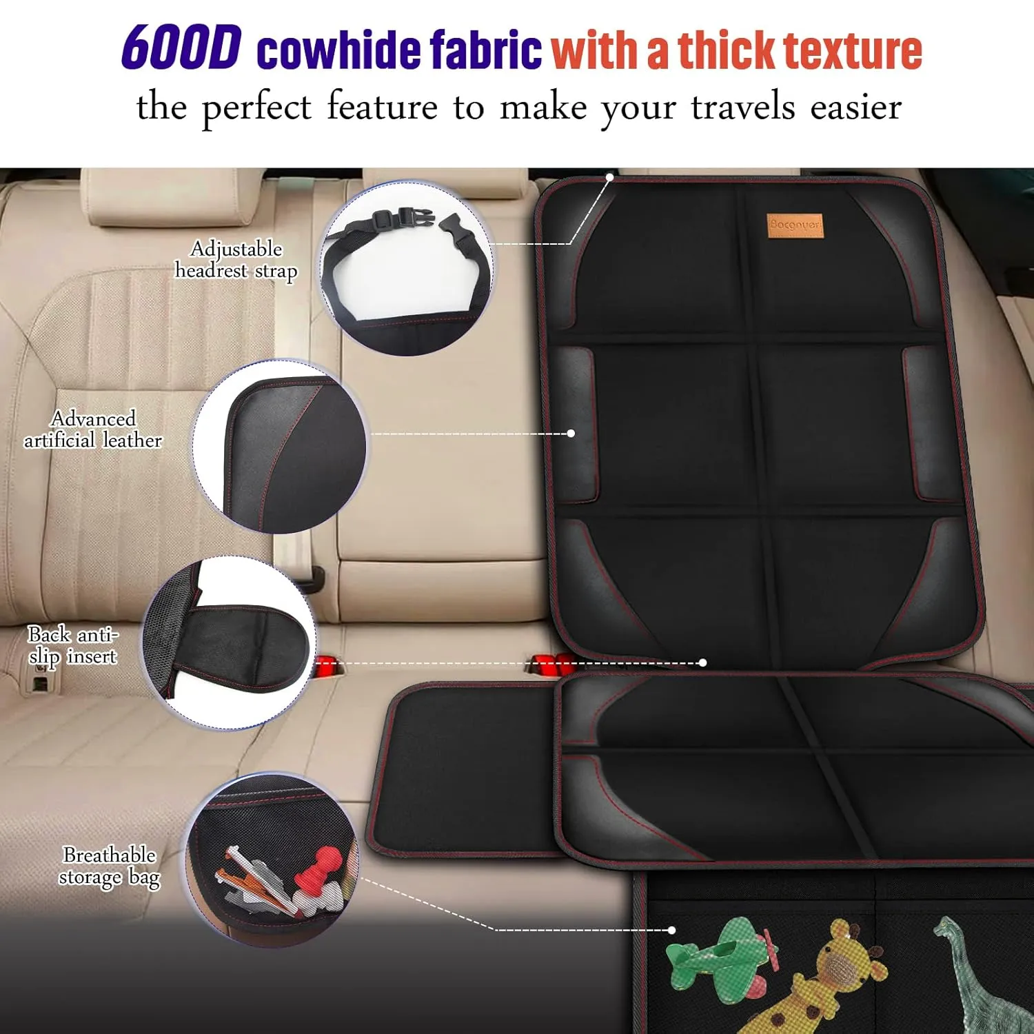 Car Seat Protector, 2 Pack of Seat Protectors, Thickest Padded 600D Fabric Padding, Waterproof, Durable, Anti Slip Backing, Child Seat Protection, Suitable for Babies, Toddlers, Children（Black 2）