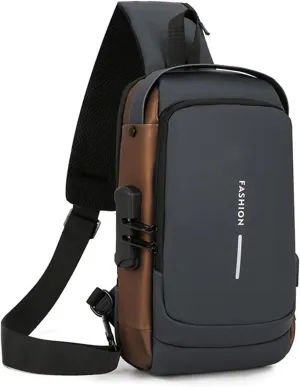 Carbon Fiber Streamline Anti-theft Sling Bag, Waterproof Durable Crossbody Bag with USB Charging Port (Grey Gold)