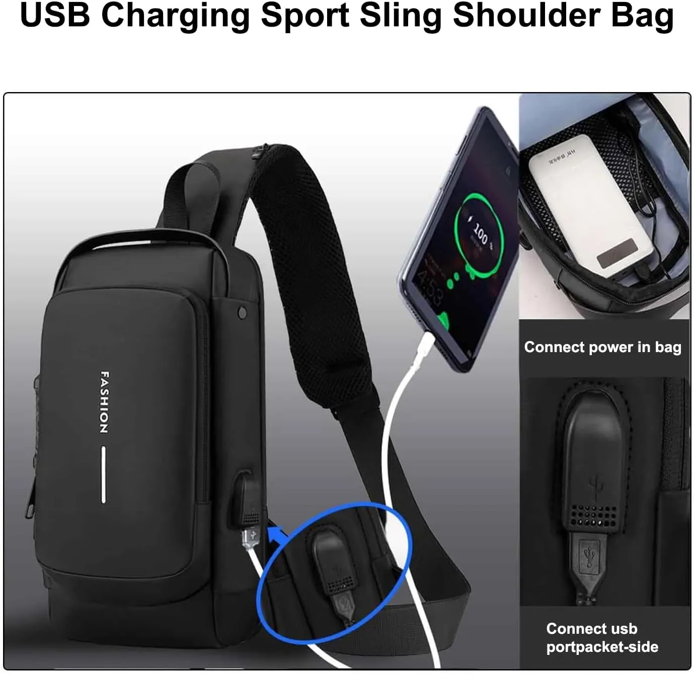 Carbon Fiber Streamline Anti-theft Sling Bag, Waterproof Durable Crossbody Bag with USB Charging Port (Grey Gold)