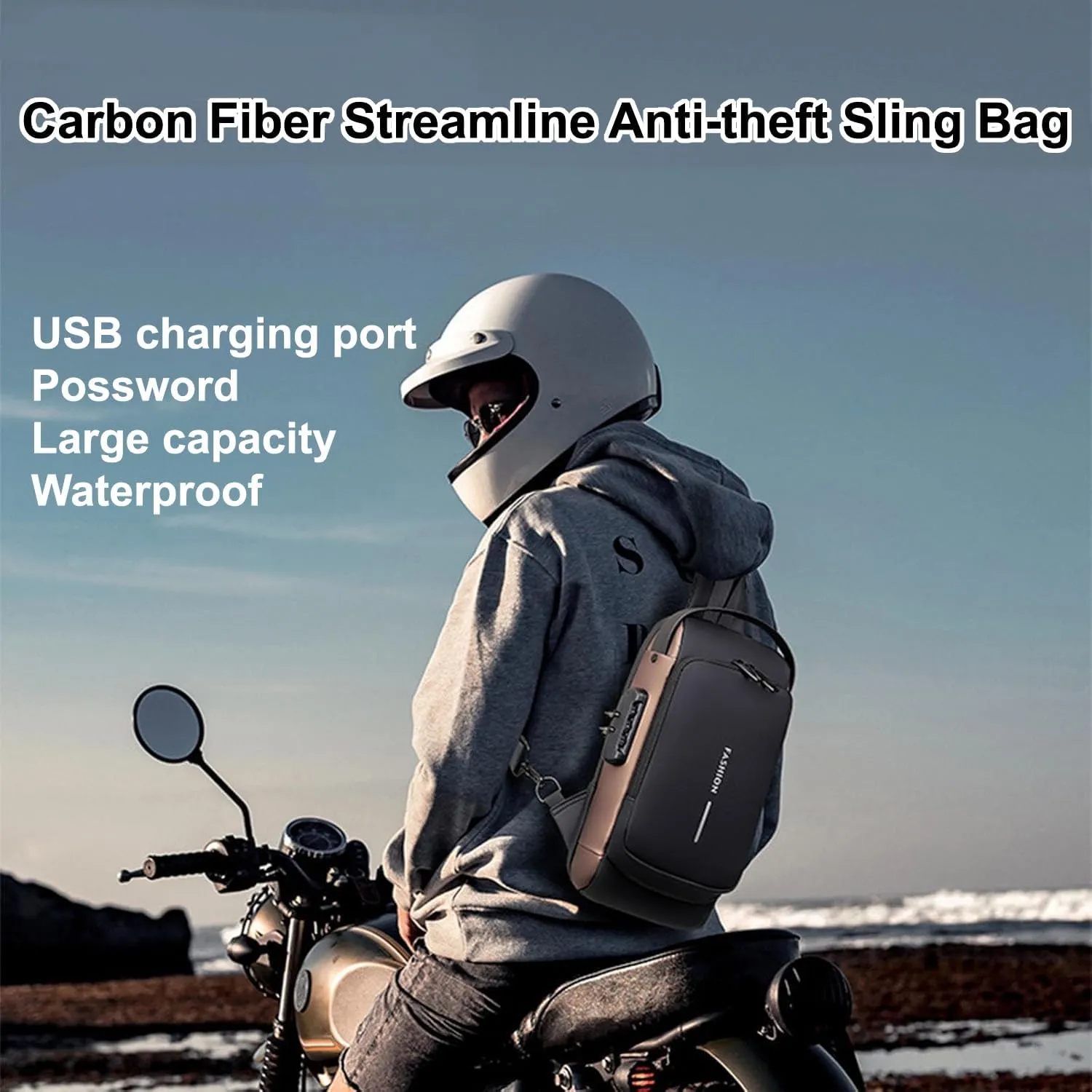Carbon Fiber Streamline Anti-theft Sling Bag, Waterproof Durable Crossbody Bag with USB Charging Port (Grey Gold)