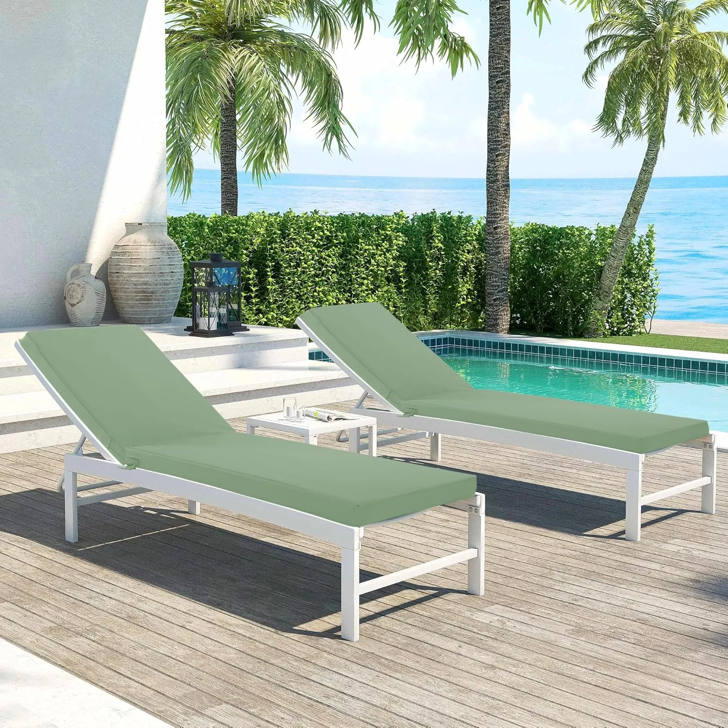 Chaise Lounge Cushions Outdoor Set of 2 - Waterproof and Fade Resistant Sun Lounger Replacement Cushions - Patio Lounger Pads with Removable Cover for Pool, Deck, 72 x 21 x 3 Inch, Sage Green