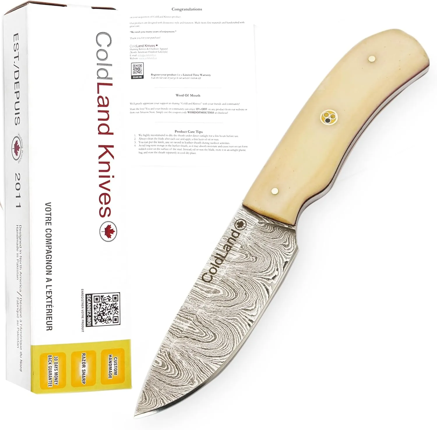 ColdLand Handmade Damascus Skinning Knife – 7 Inch Full Tang Fixed Blade Knife with Camel Bone Handle & Leather Sheath – EDC Knives for Camping, Hunting, Skinning, Picnic, Camping & Hiking - NAK20
