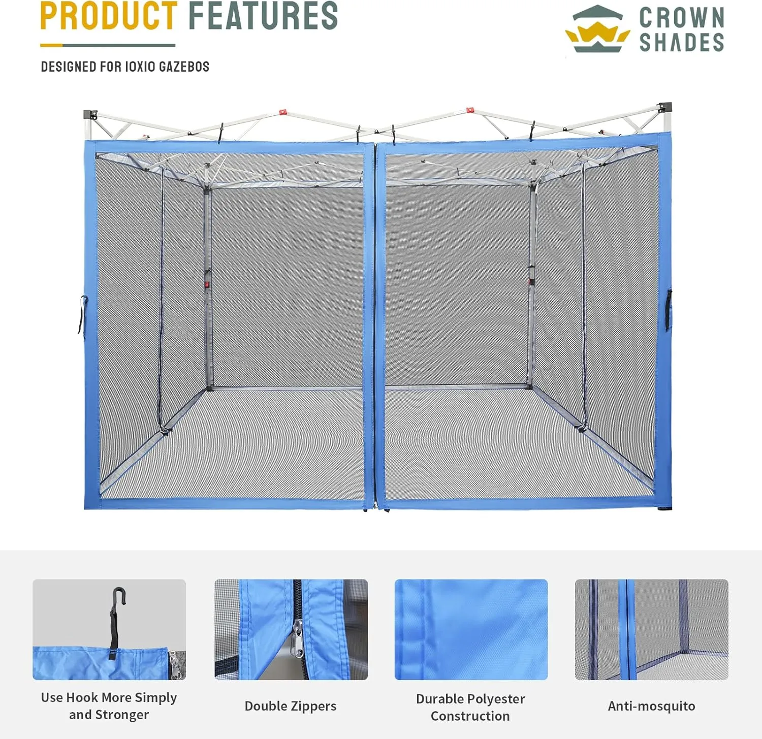 CROWN SHADES Gazebo Mosquito Net for 10 x 10 Pop Up Canopy - Patio Gazebo Mesh Sidewall with Zipper for Outdoor Tent, Garden and Backyard (4 Packs, Blue