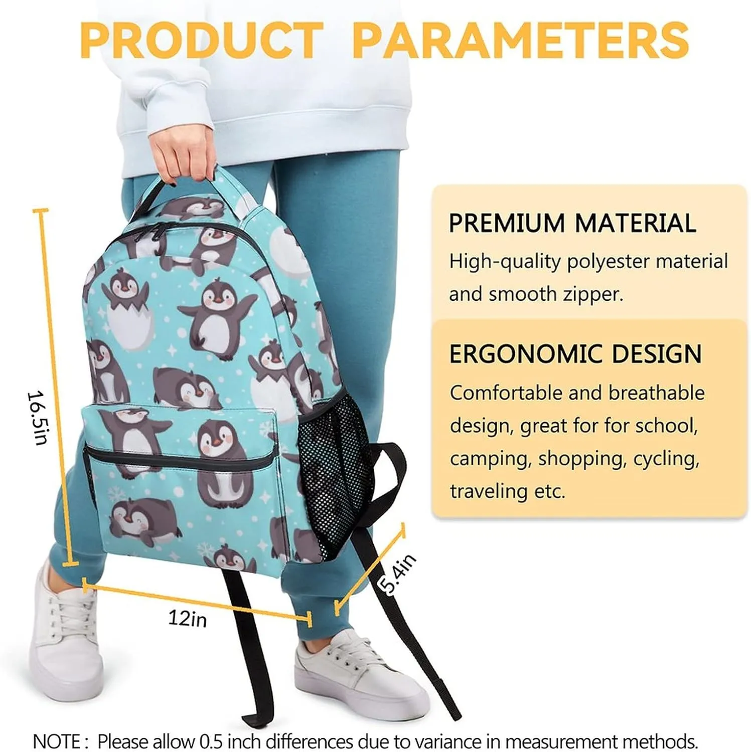 Cute Penguin Backpack, 16 Inch Animal Theme Bookbag with Adjustable Straps, Durable, Lightweight, Large Capacity, School Backpack for Kids Girls Boys