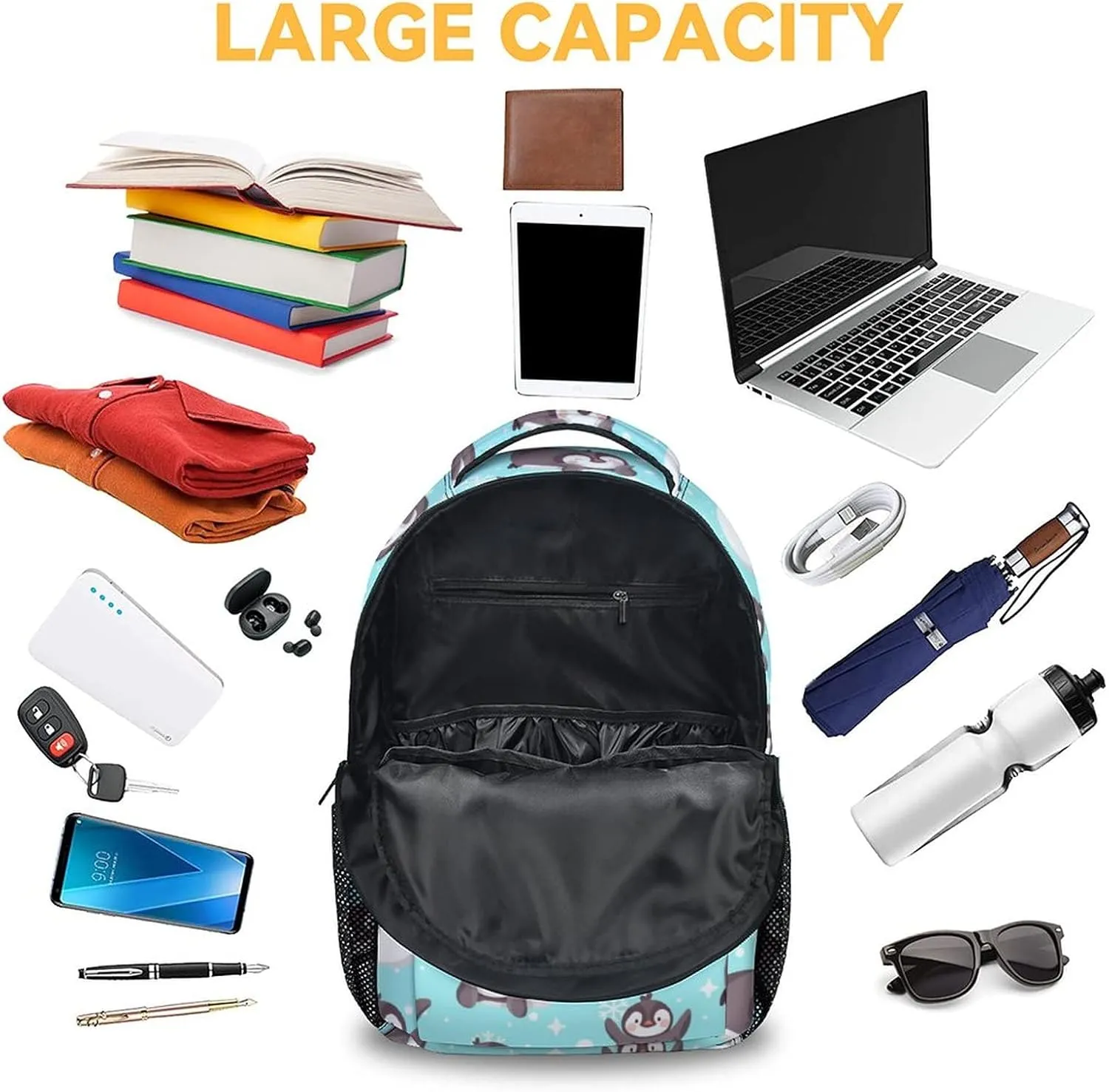 Cute Penguin Backpack, 16 Inch Animal Theme Bookbag with Adjustable Straps, Durable, Lightweight, Large Capacity, School Backpack for Kids Girls Boys
