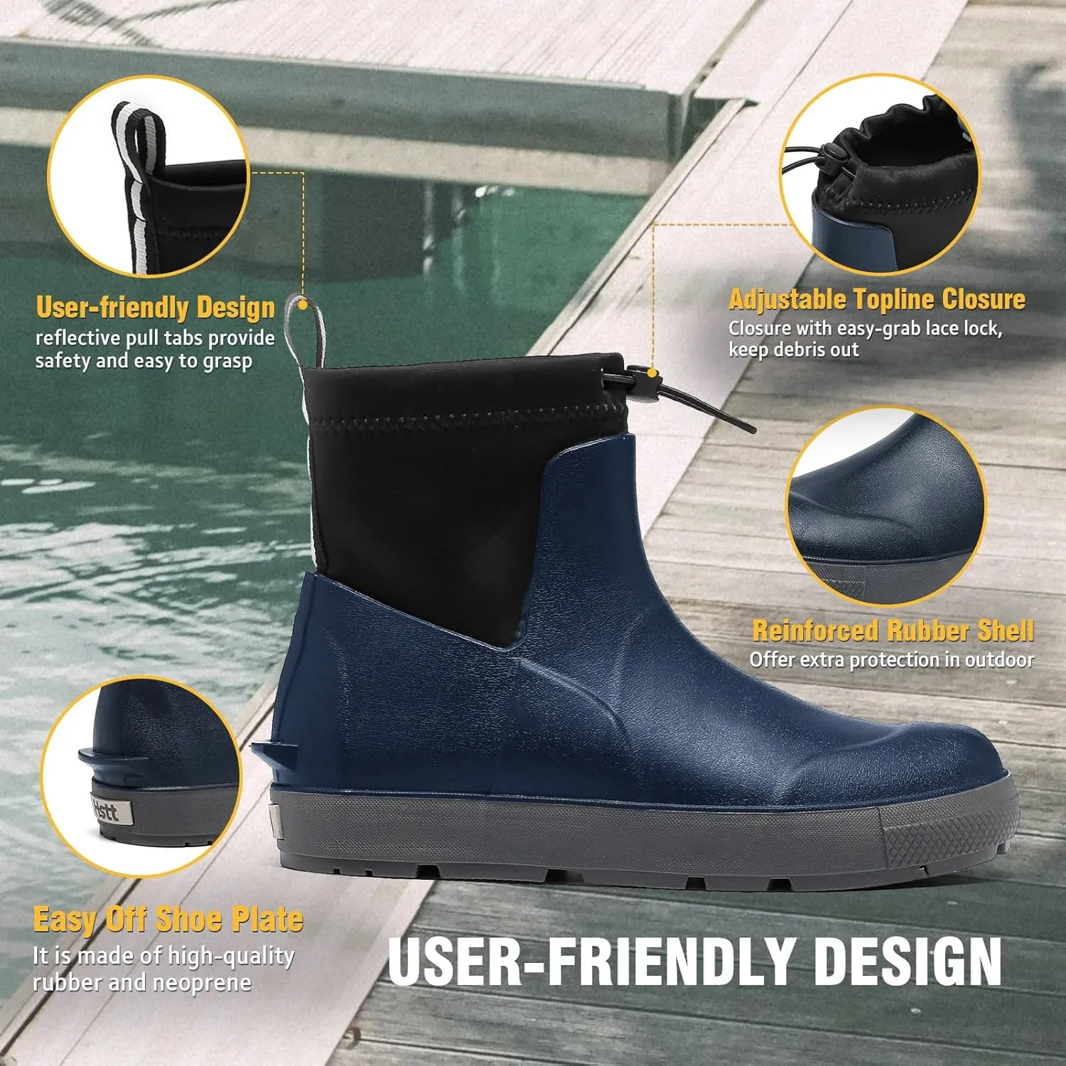 Deck Boots For Men Anti-Slip, Waterproof Ankle Rain Boots, Rubber Outdoor Fishing Footwear, Chelsea Garden Work Water Shoes, Size 6.5-12