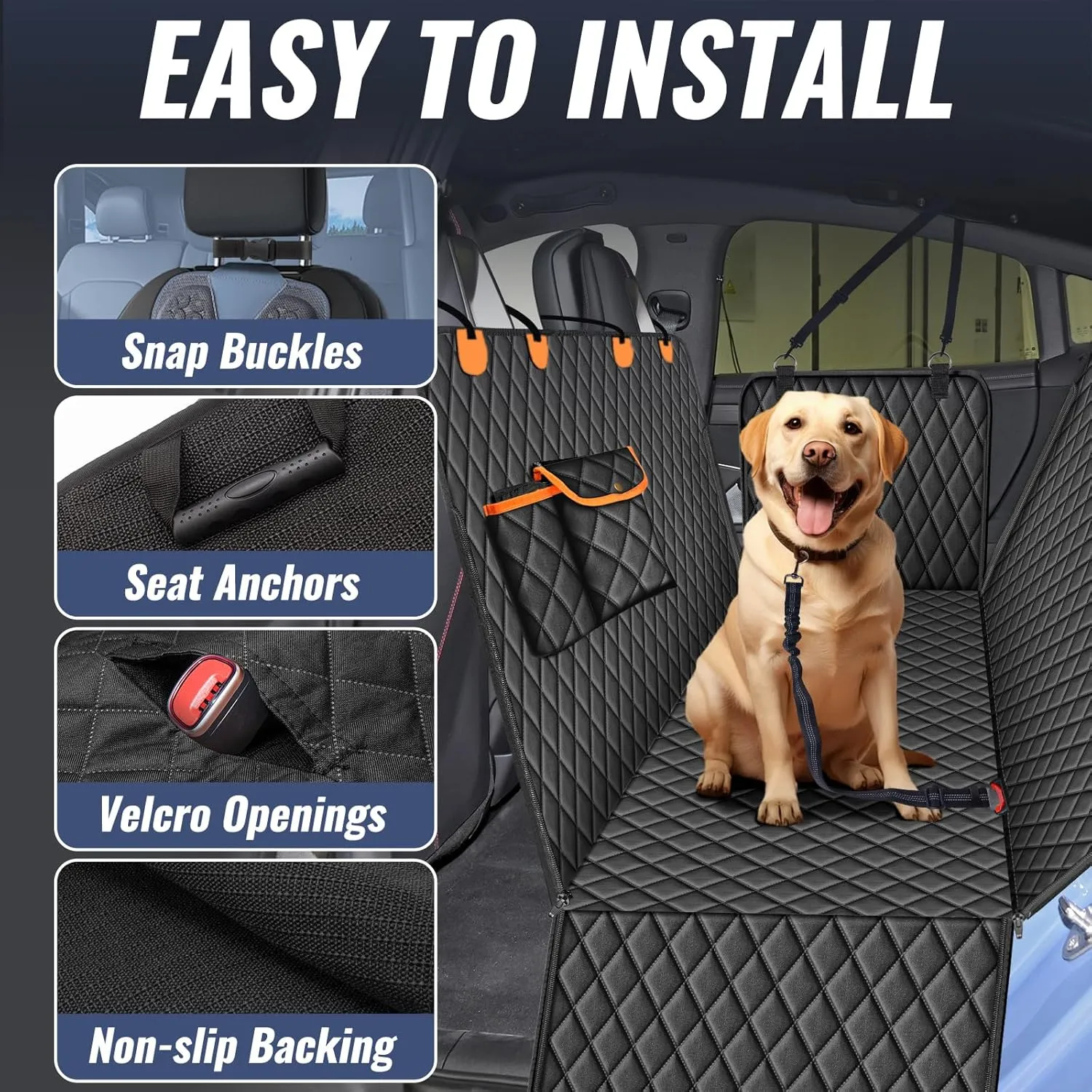 Dog Car Seat Cover for Back Seat – Waterproof Nonslip Hammock with Dog Seat Belt, Universal Fit Pet Seat Protector for Cars, SUVs, Trucks, Durable, Easy Install, Machine Washable