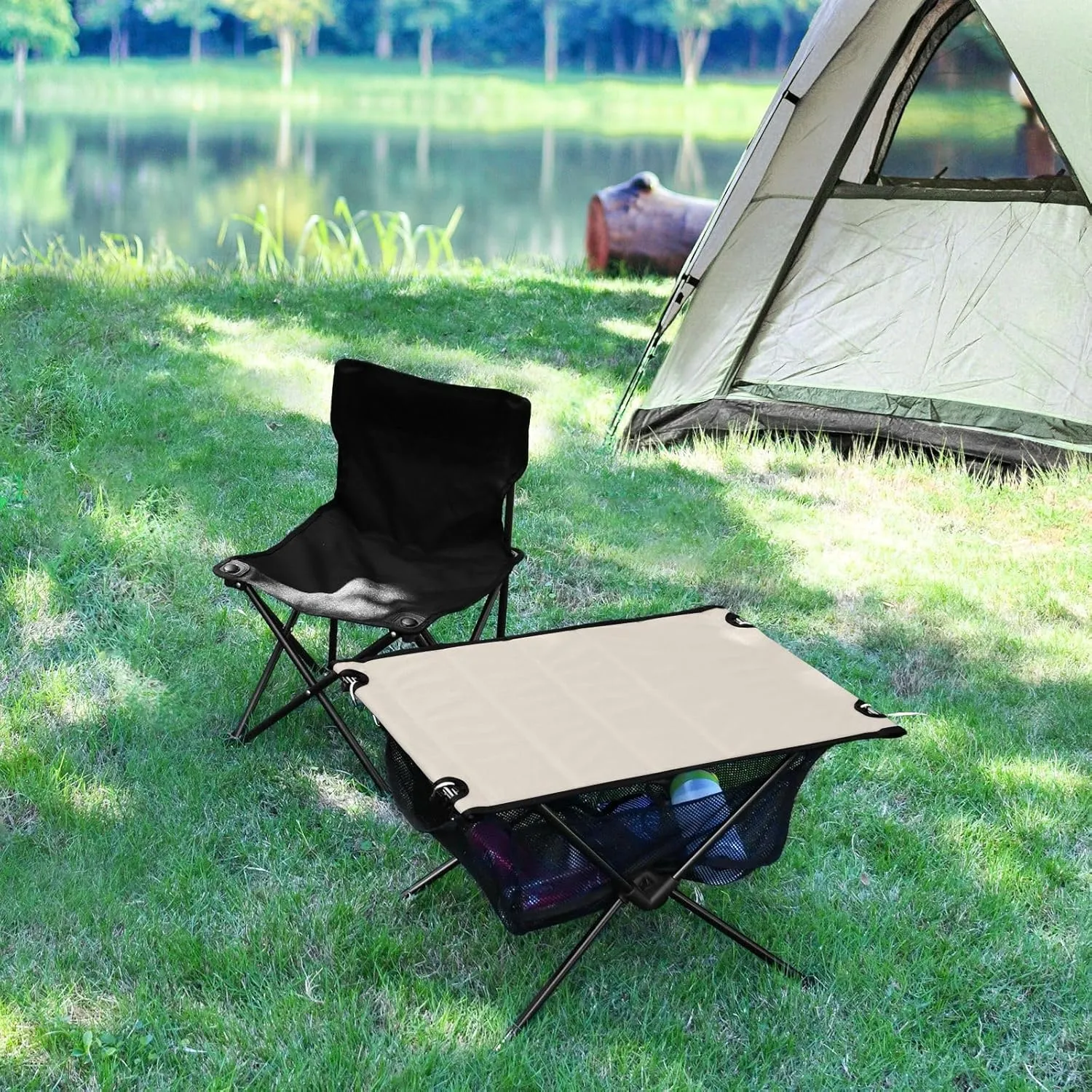 DOMIKING Beige Portable Camping Table Folding Picnic Tables with Carrying Storage Bag Beach Table for Fishing Hiking Cooking 23.6 * 15.7 * 15 in
