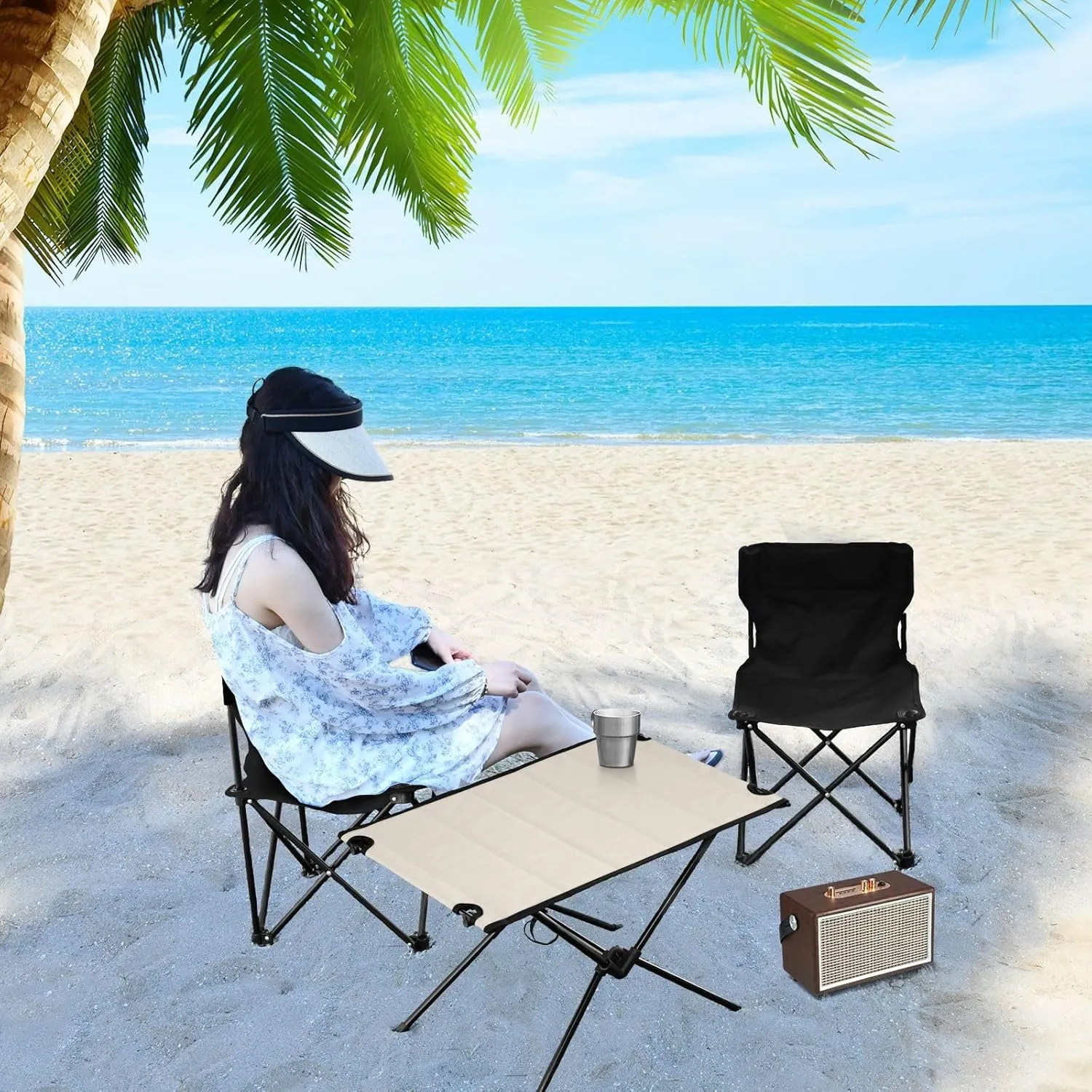 DOMIKING Beige Portable Camping Table Folding Picnic Tables with Carrying Storage Bag Beach Table for Fishing Hiking Cooking 23.6 * 15.7 * 15 in