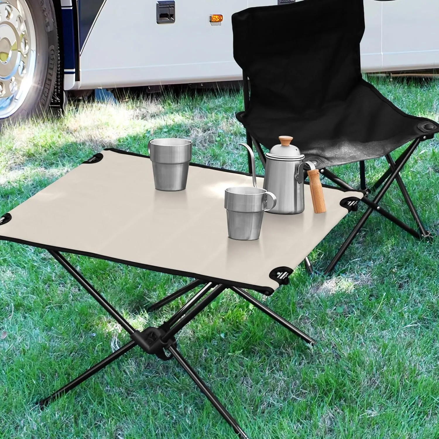 DOMIKING Beige Portable Camping Table Folding Picnic Tables with Carrying Storage Bag Beach Table for Fishing Hiking Cooking 23.6 * 15.7 * 15 in