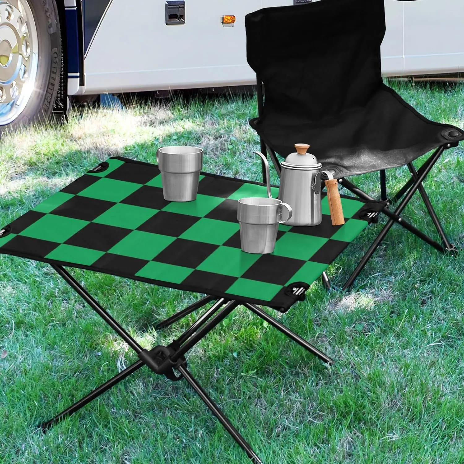 DOMIKING Black Green Squares Portable Camping Table Folding Picnic Tables with Carrying Storage Bag Camp Tables for Beach Camp Picnic 23.6 * 15.6 * 15 in