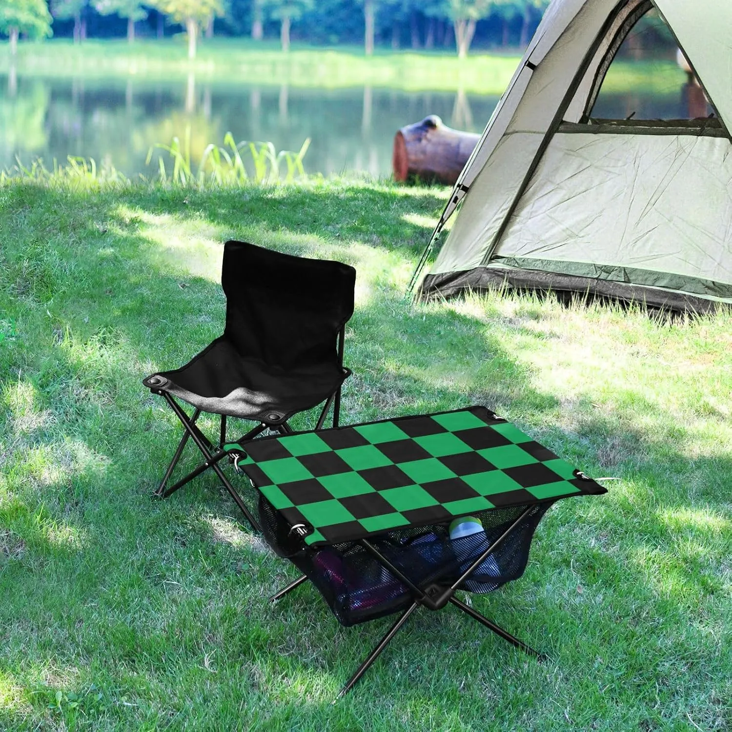 DOMIKING Black Green Squares Portable Camping Table Folding Picnic Tables with Carrying Storage Bag Camp Tables for Beach Camp Picnic 23.6 * 15.6 * 15 in