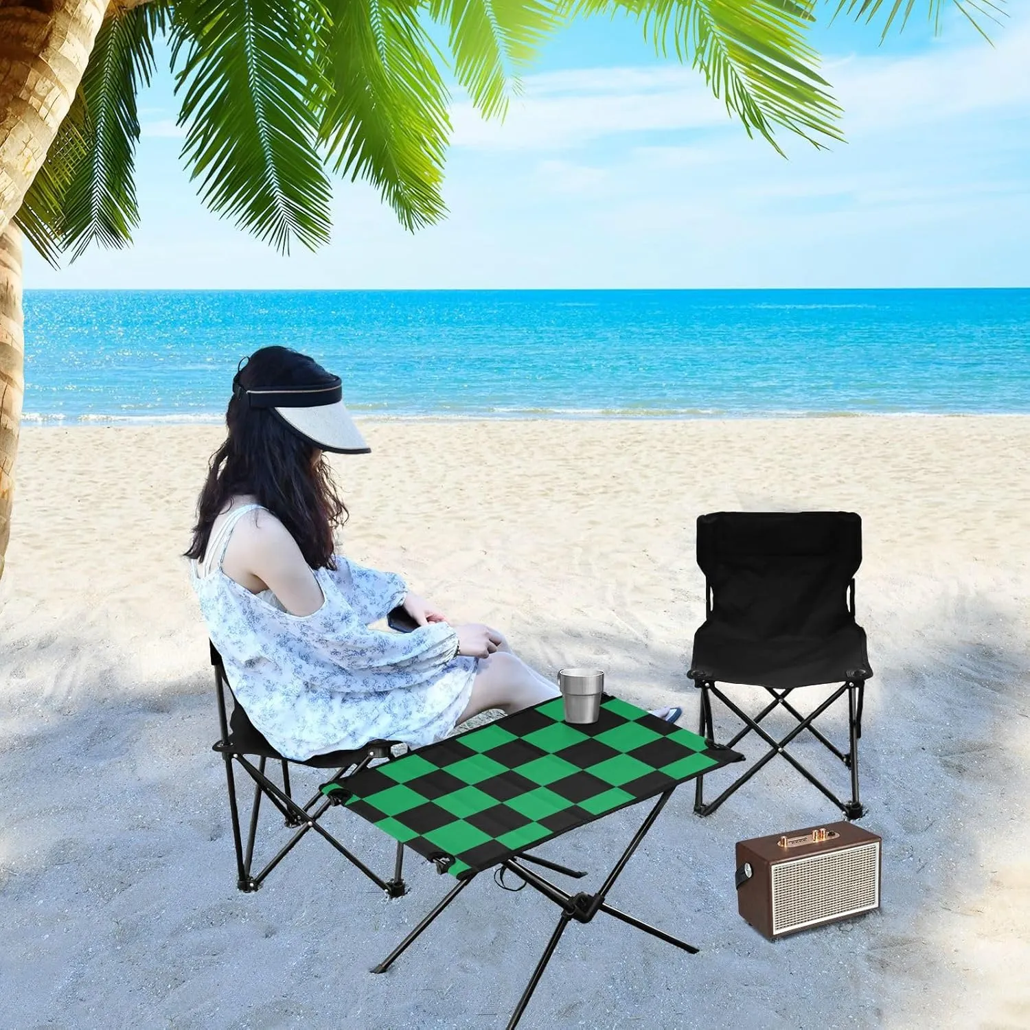 DOMIKING Black Green Squares Portable Camping Table Folding Picnic Tables with Carrying Storage Bag Camp Tables for Beach Camp Picnic 23.6 * 15.6 * 15 in