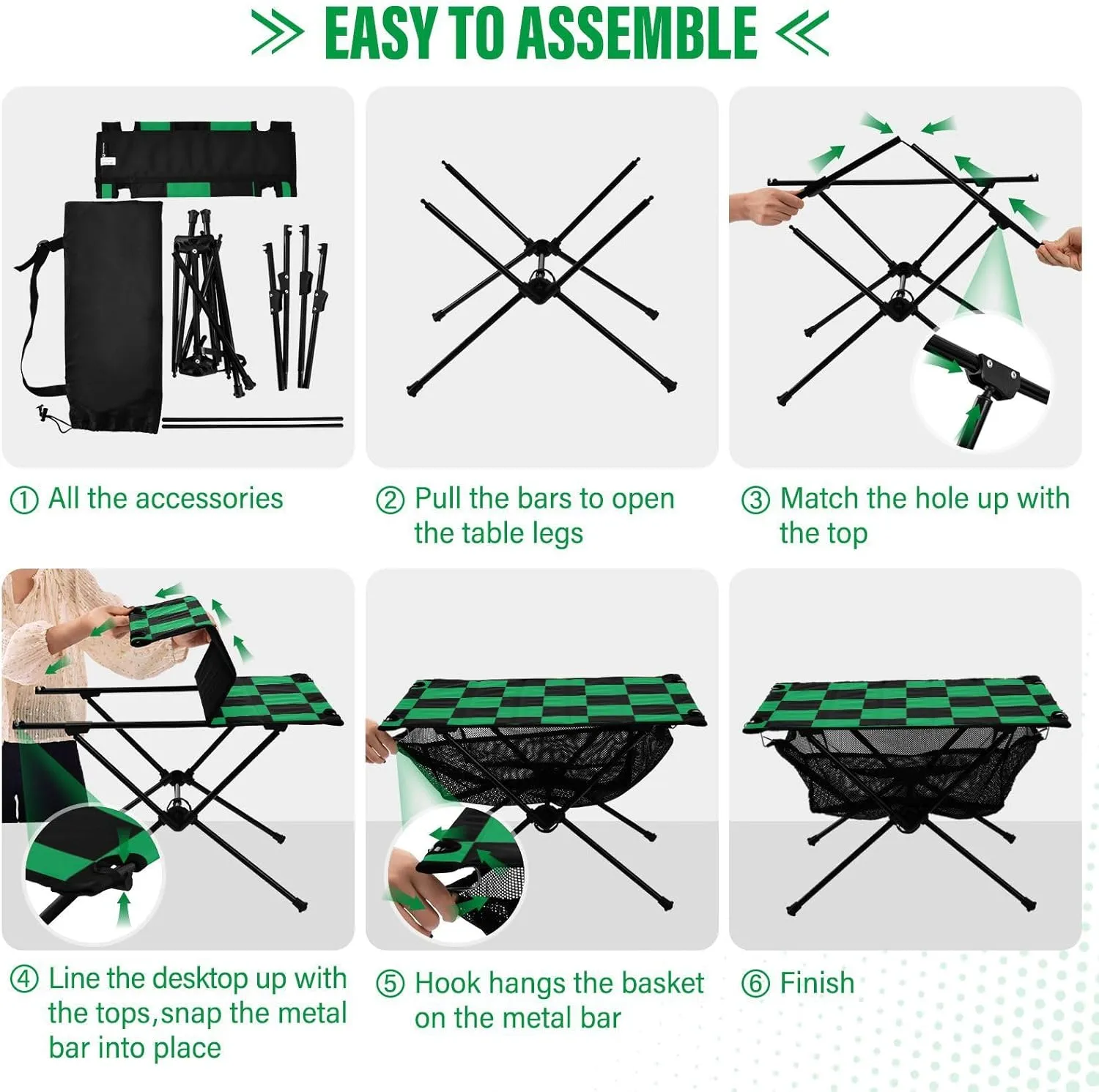 DOMIKING Black Green Squares Portable Camping Table Folding Picnic Tables with Carrying Storage Bag Camp Tables for Beach Camp Picnic 23.6 * 15.6 * 15 in