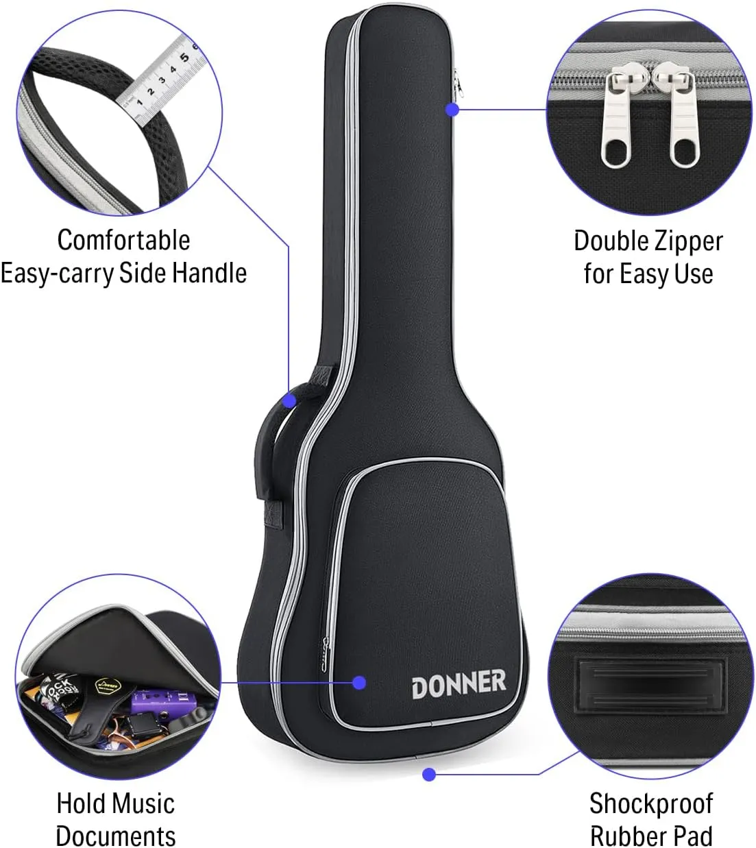 Donner 39 Inch Electric Guitar Case, 5mm Thick Padding Sponge 600D Ripstop Waterproof Nylon Soft Electric Guitar Bag with Dual Adjustable Shoulder Strap and Thick Sponge Handle, Black