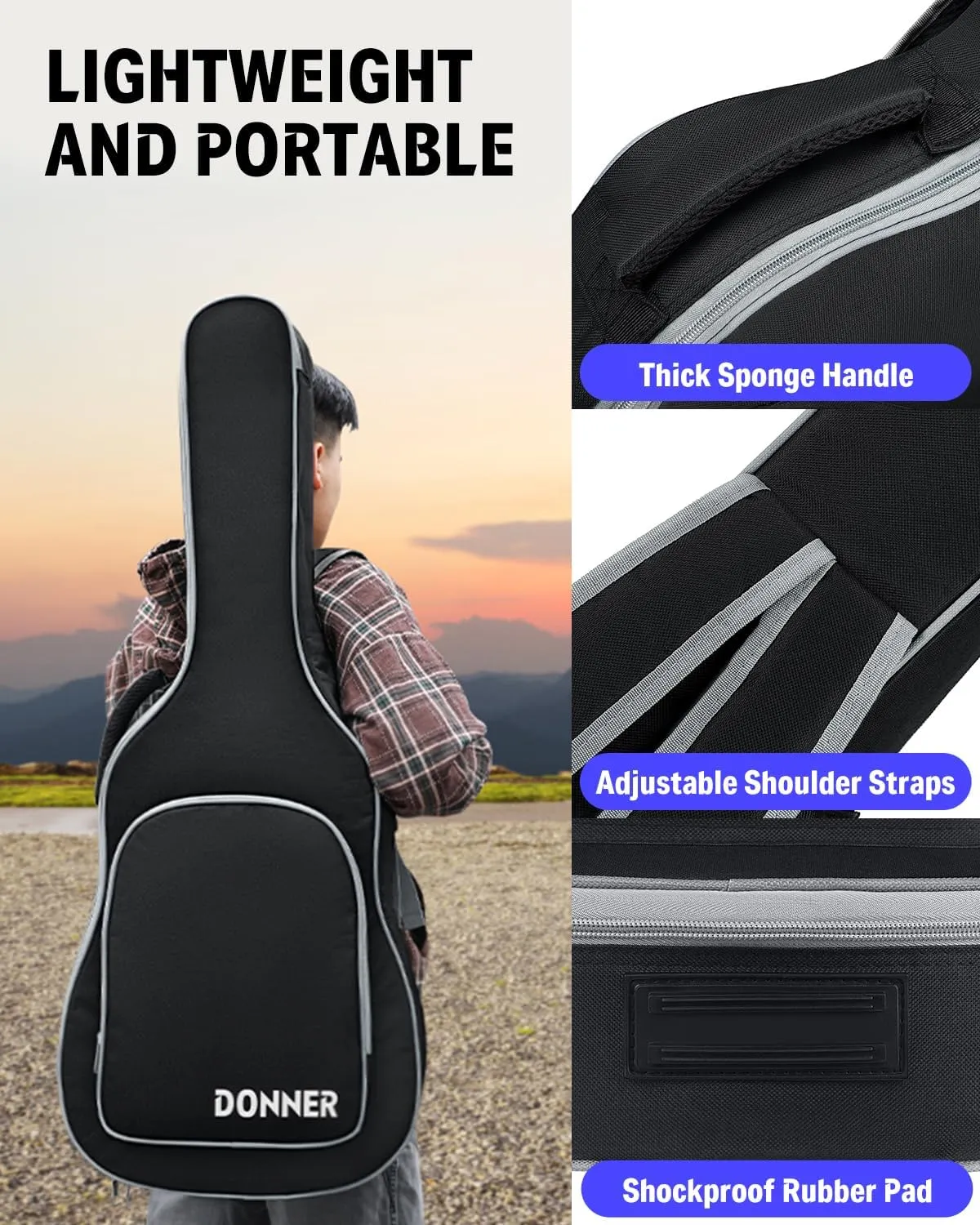 Donner 39 Inch Electric Guitar Case, 5mm Thick Padding Sponge 600D Ripstop Waterproof Nylon Soft Electric Guitar Bag with Dual Adjustable Shoulder Strap and Thick Sponge Handle, Black